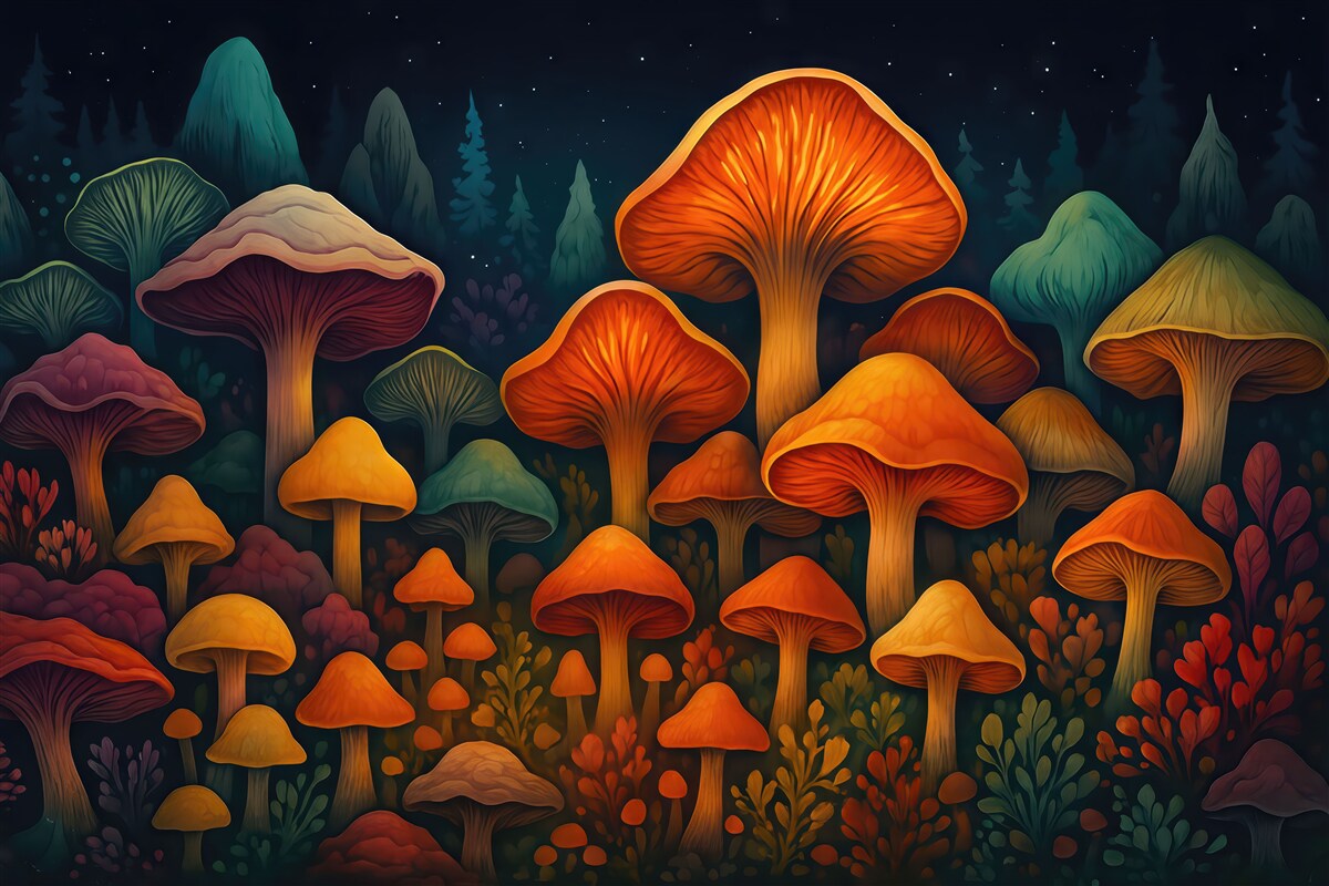 Fototapeta magiczny las świetlistych grzybów nocą