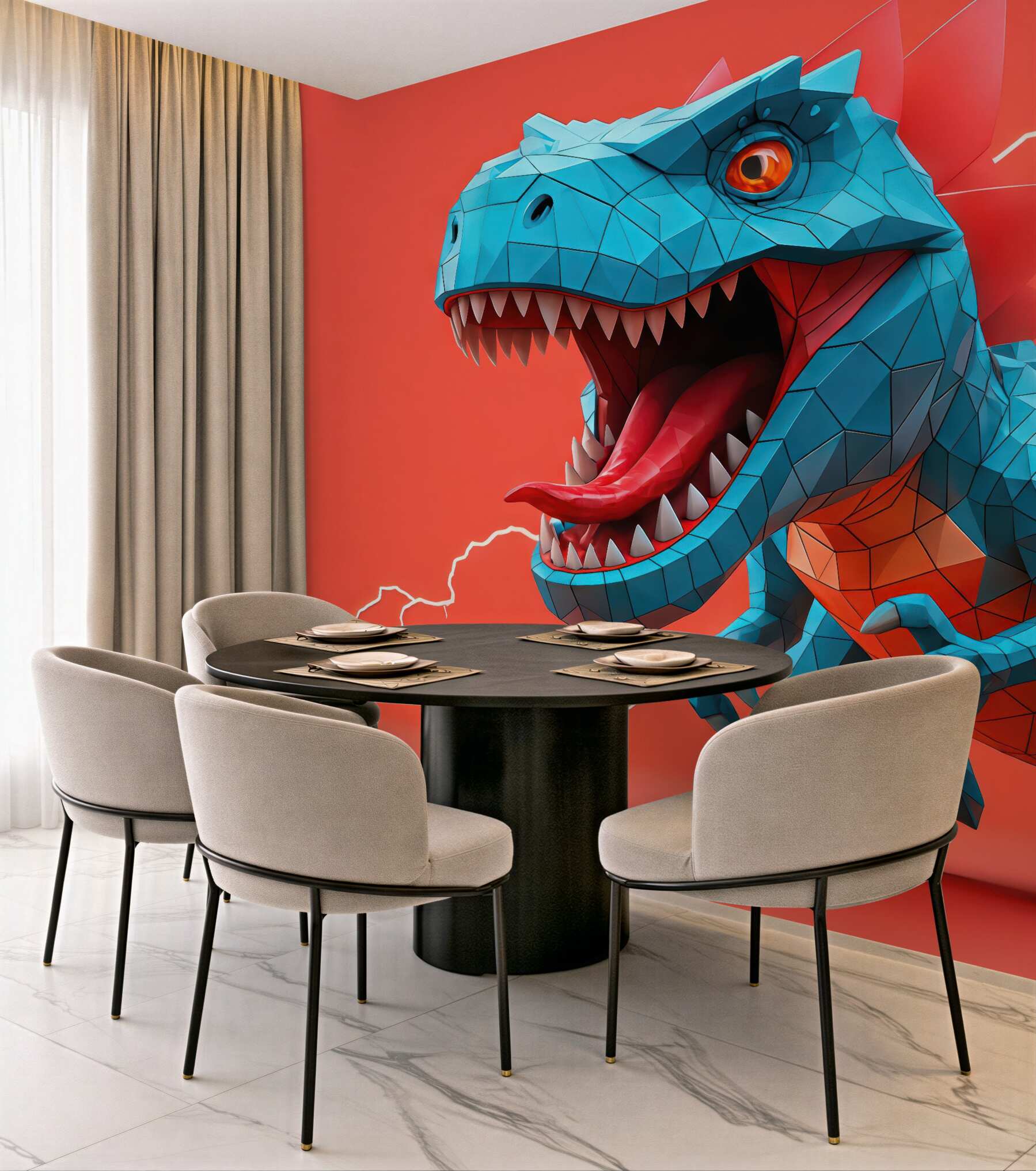 Fototapeta geometryczny turkusowy dinozaur na koralowym tle
