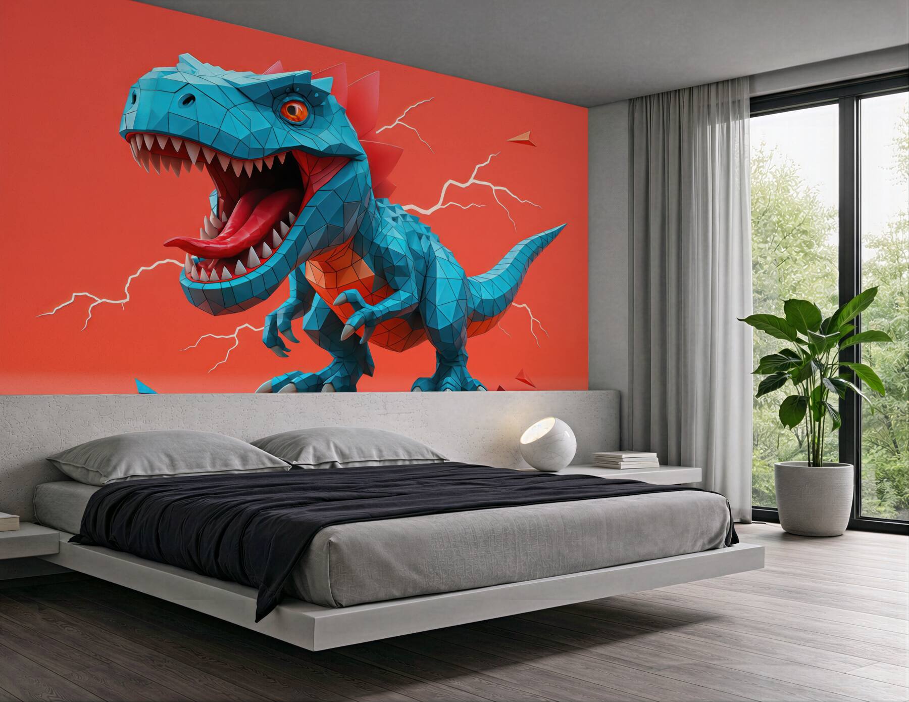 Fototapeta geometryczny turkusowy dinozaur na koralowym tle