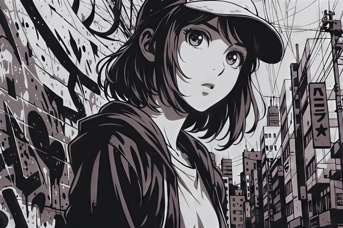 Fototapeta miejska manga z tajemniczą dziewczyną