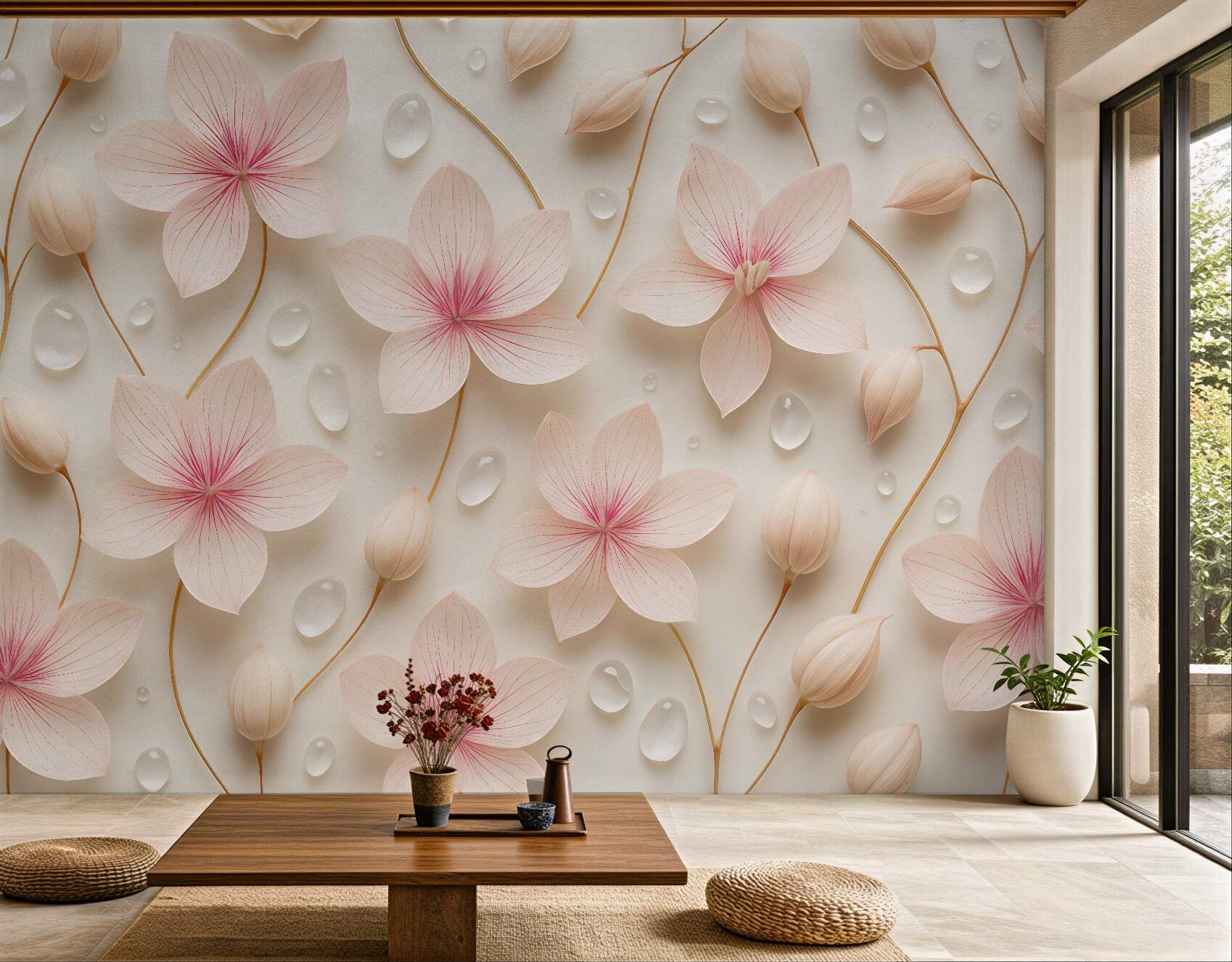 Fototapeta pudrowe kwiaty z kroplami rosy
