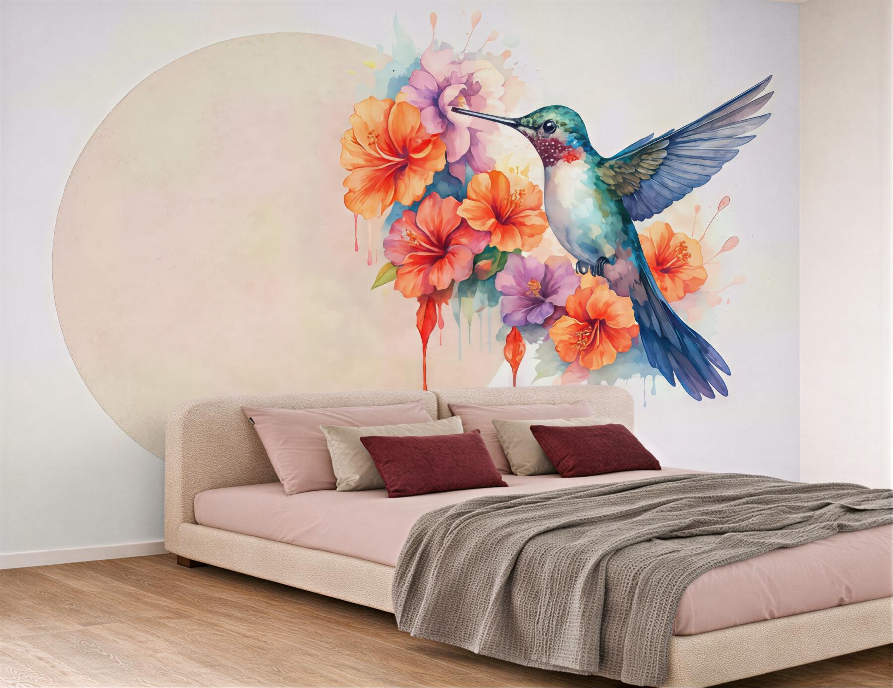 Fototapeta koliber w akwarelowych hibiskusach