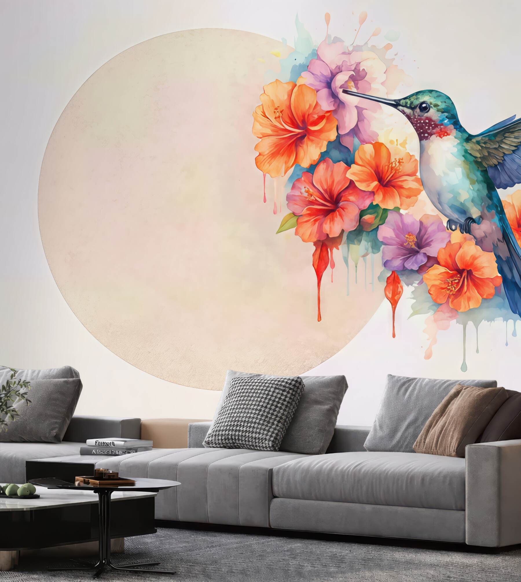 Fototapeta koliber w akwarelowych hibiskusach