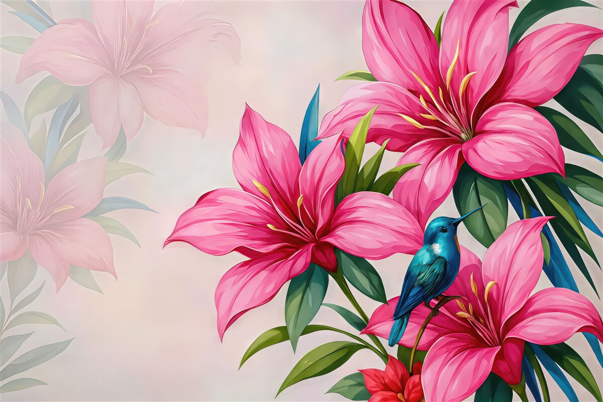 Fototapeta tropikalne lilie z turkusowym ptaszkiem