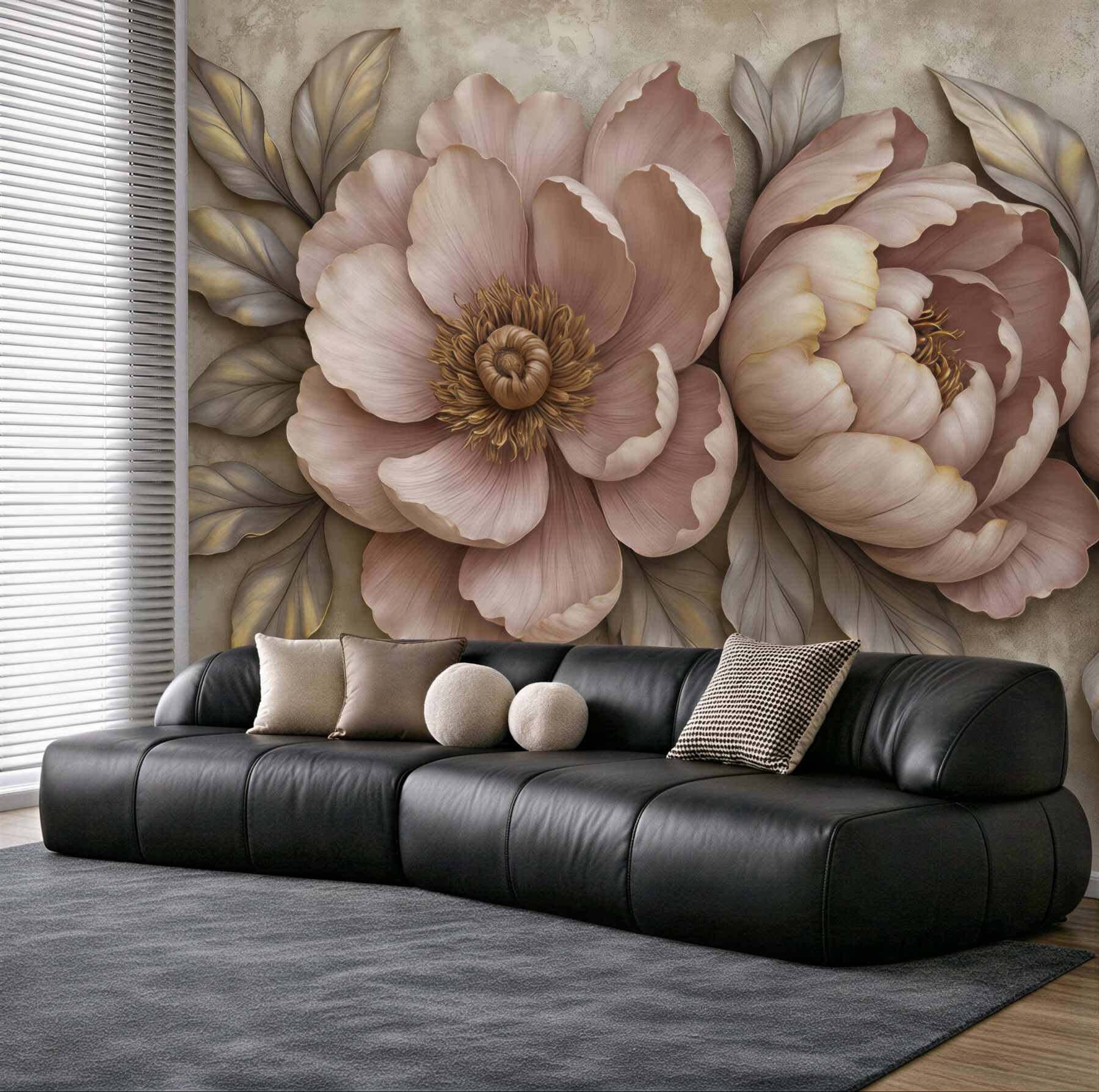 Fototapeta pudrowe piwonie w eleganckim reliefie
