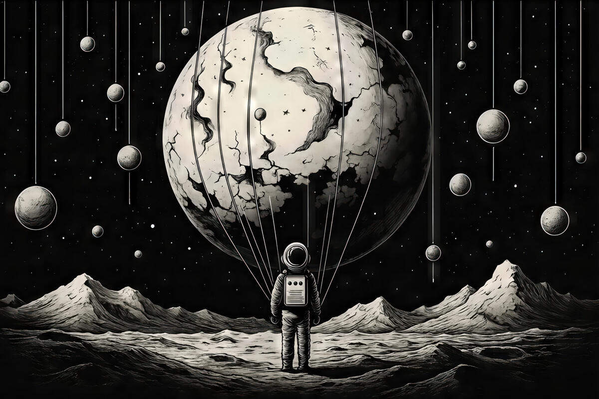 Fototapeta surrealistyczny kosmos z astronautą i planetą