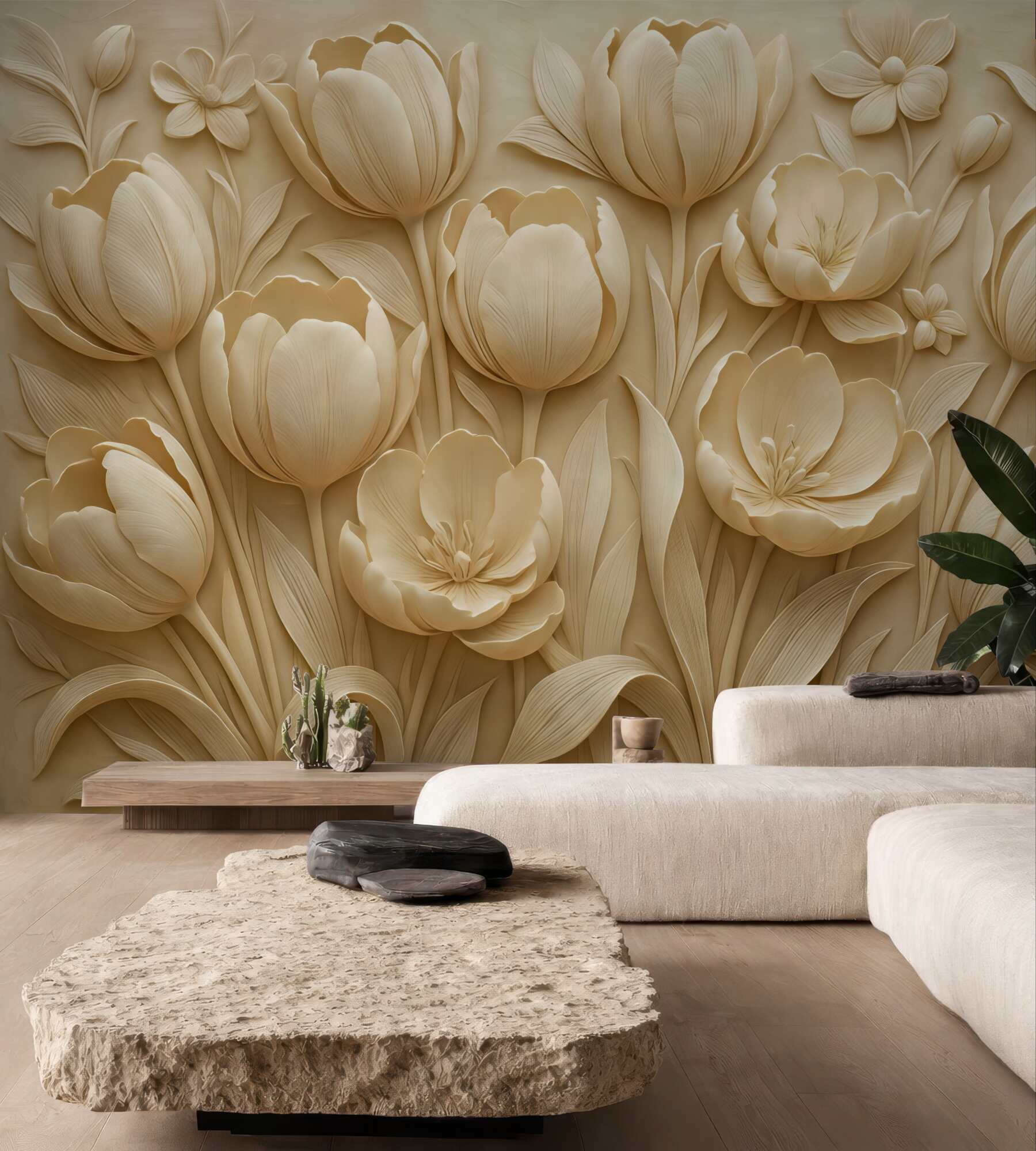Fototapeta kremowe tulipany w reliefowym stylu