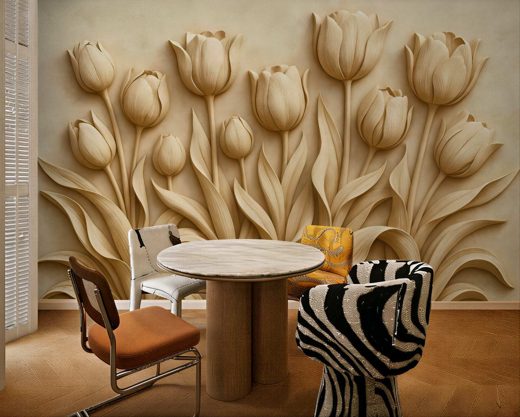 Fototapeta beżowe tulipany w eleganckim reliefie