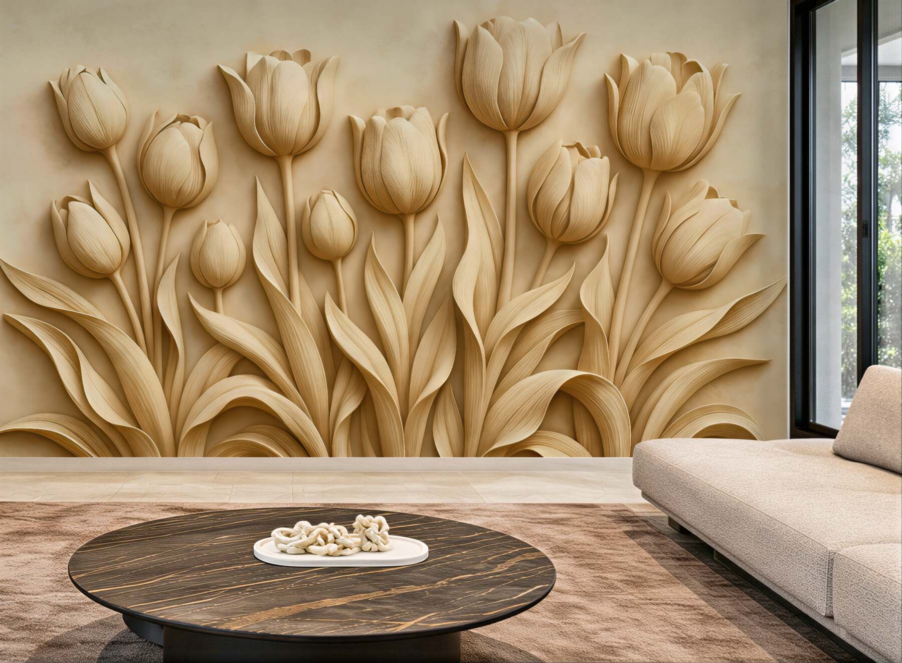Fototapeta beżowe tulipany w eleganckim reliefie
