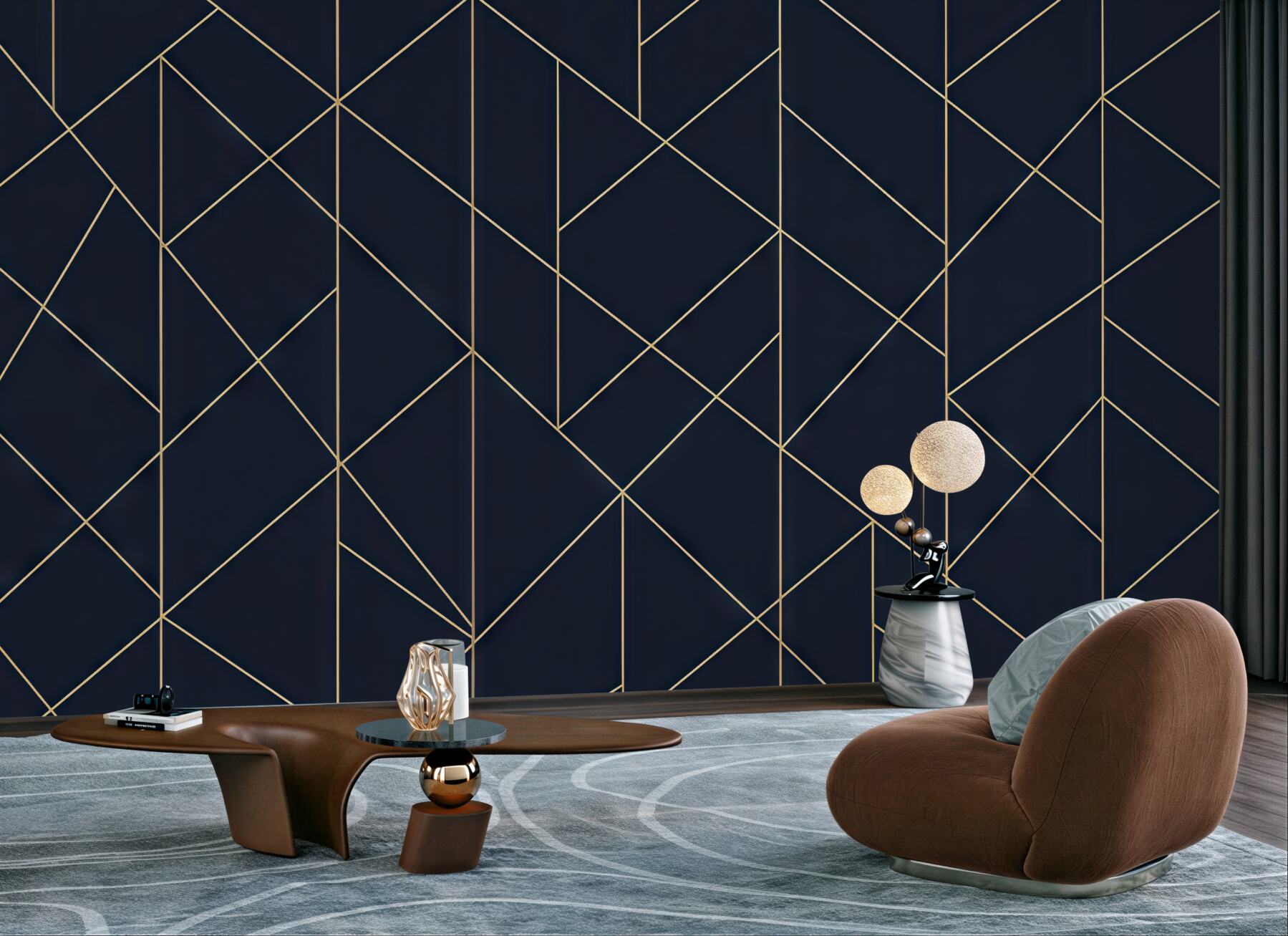 Fototapeta granatowa geometria ze złotą linią