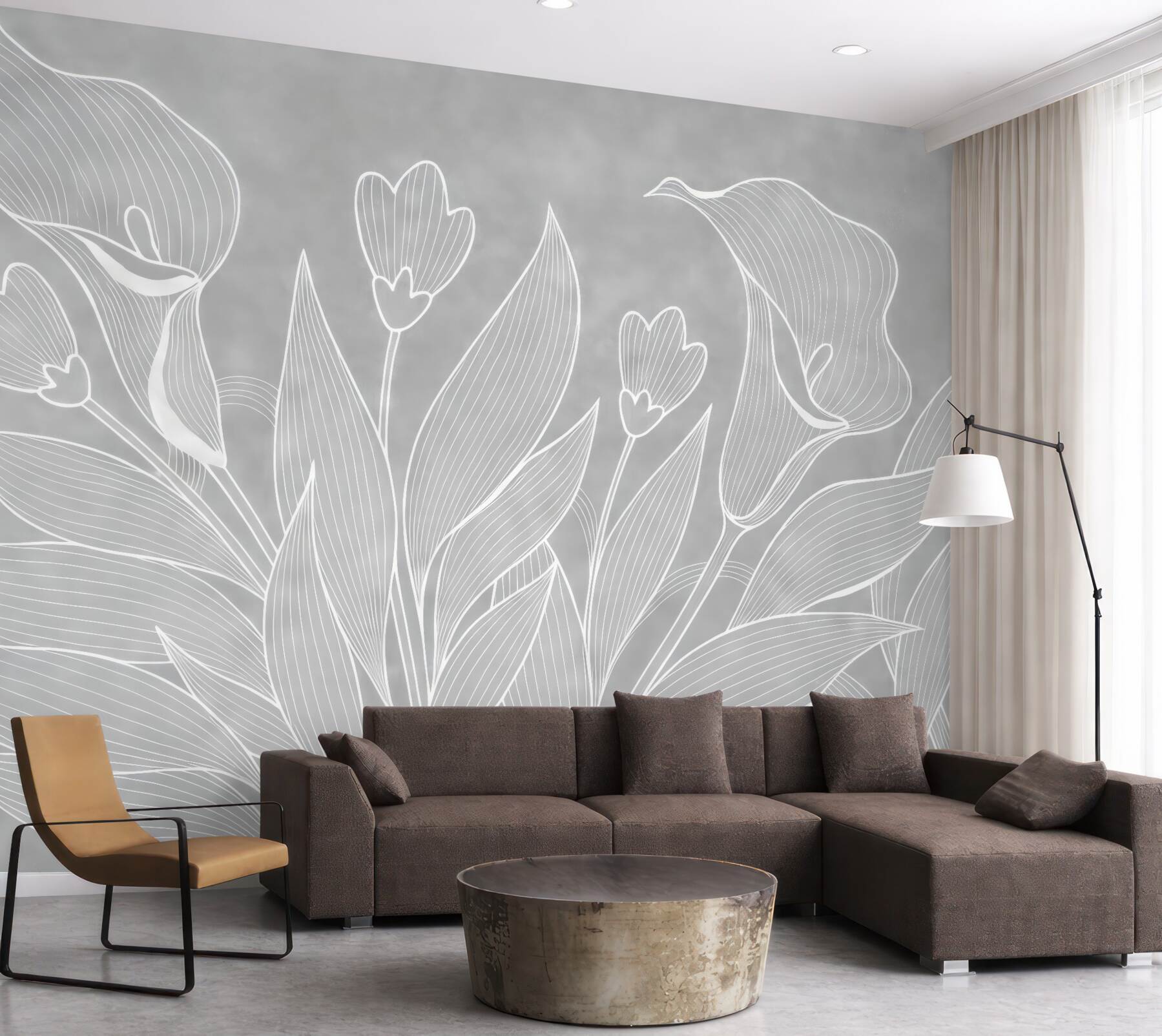 Fototapeta subtelne kwiaty line art na szarości