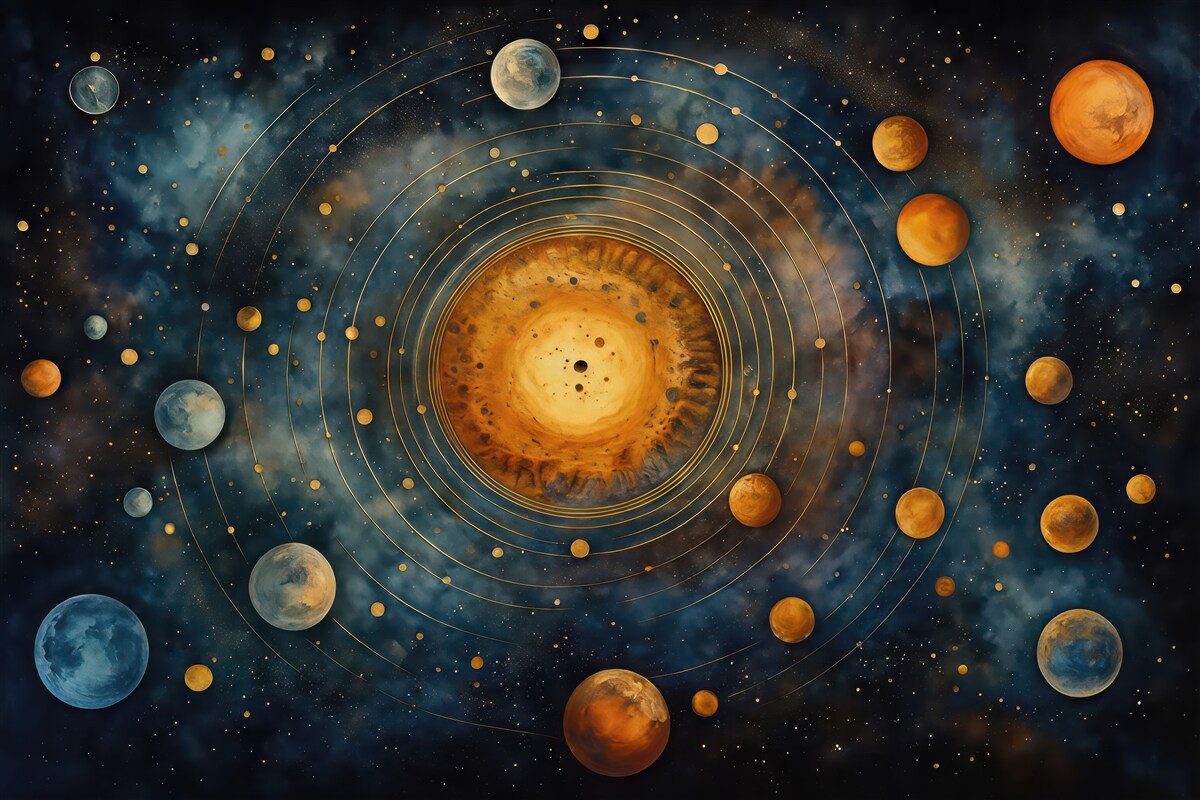 Fototapeta kosmiczny układ planet wokół złotego słońca