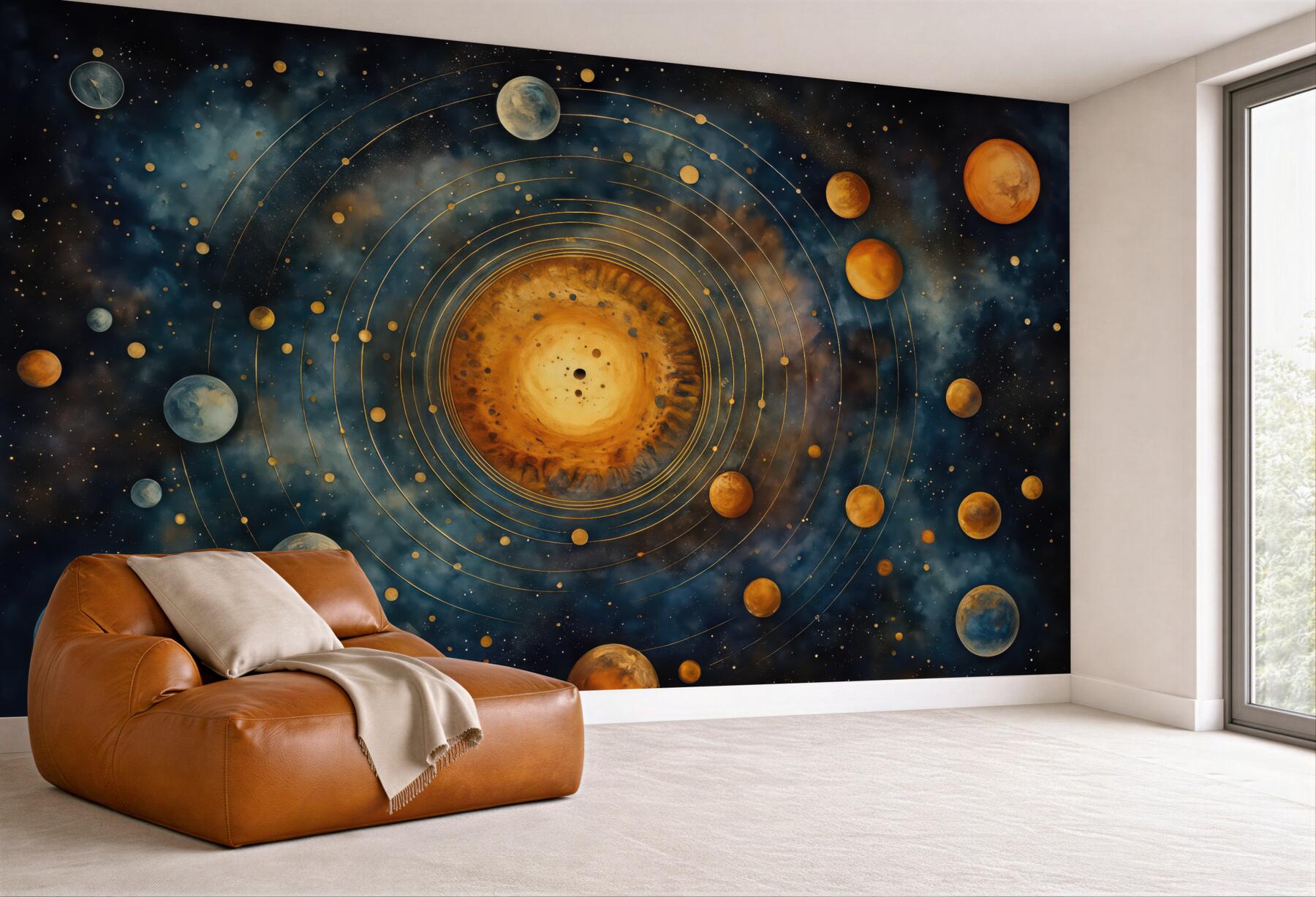 Fototapeta kosmiczny układ planet wokół złotego słońca