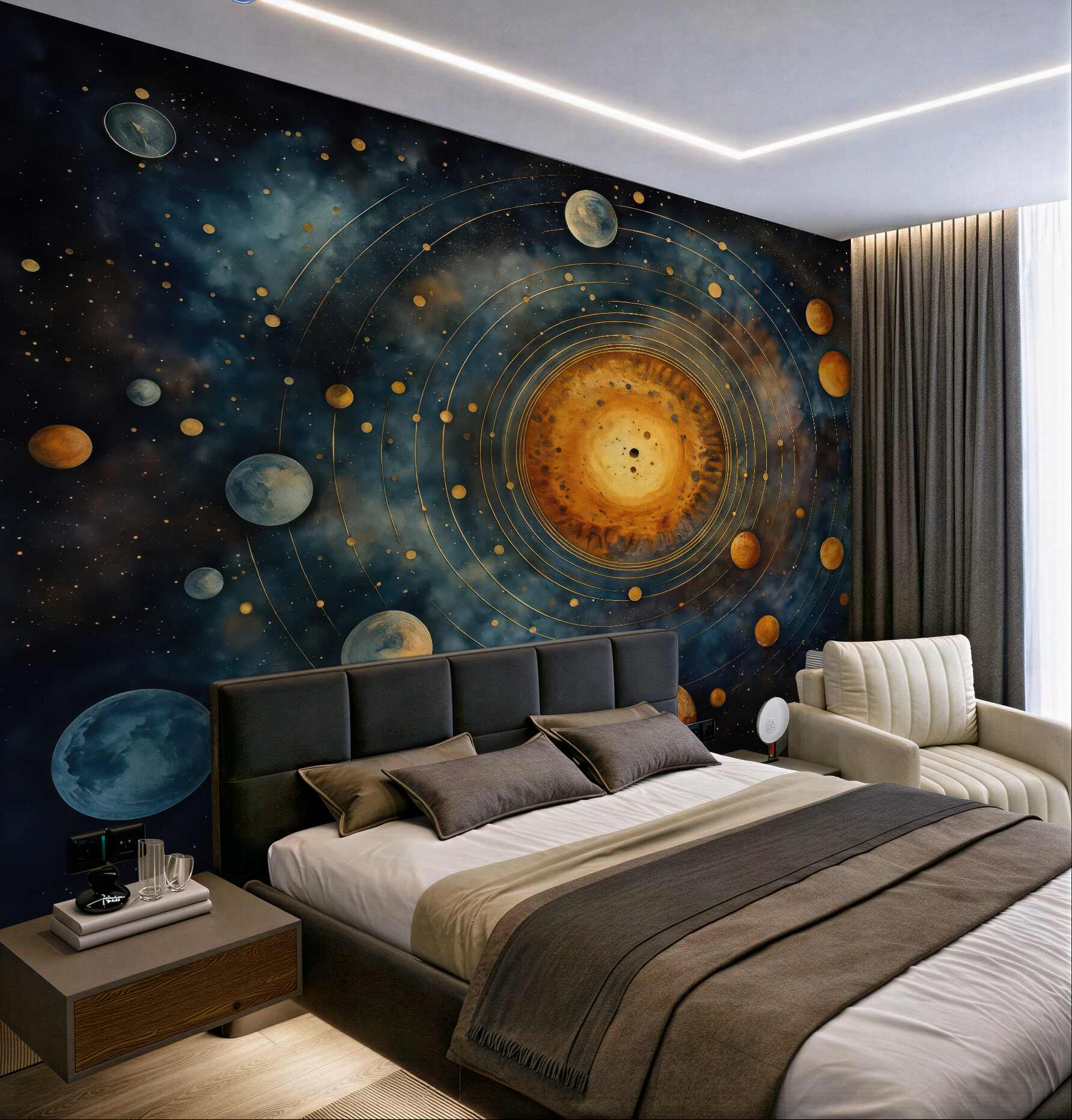 Fototapeta kosmiczny układ planet wokół złotego słońca