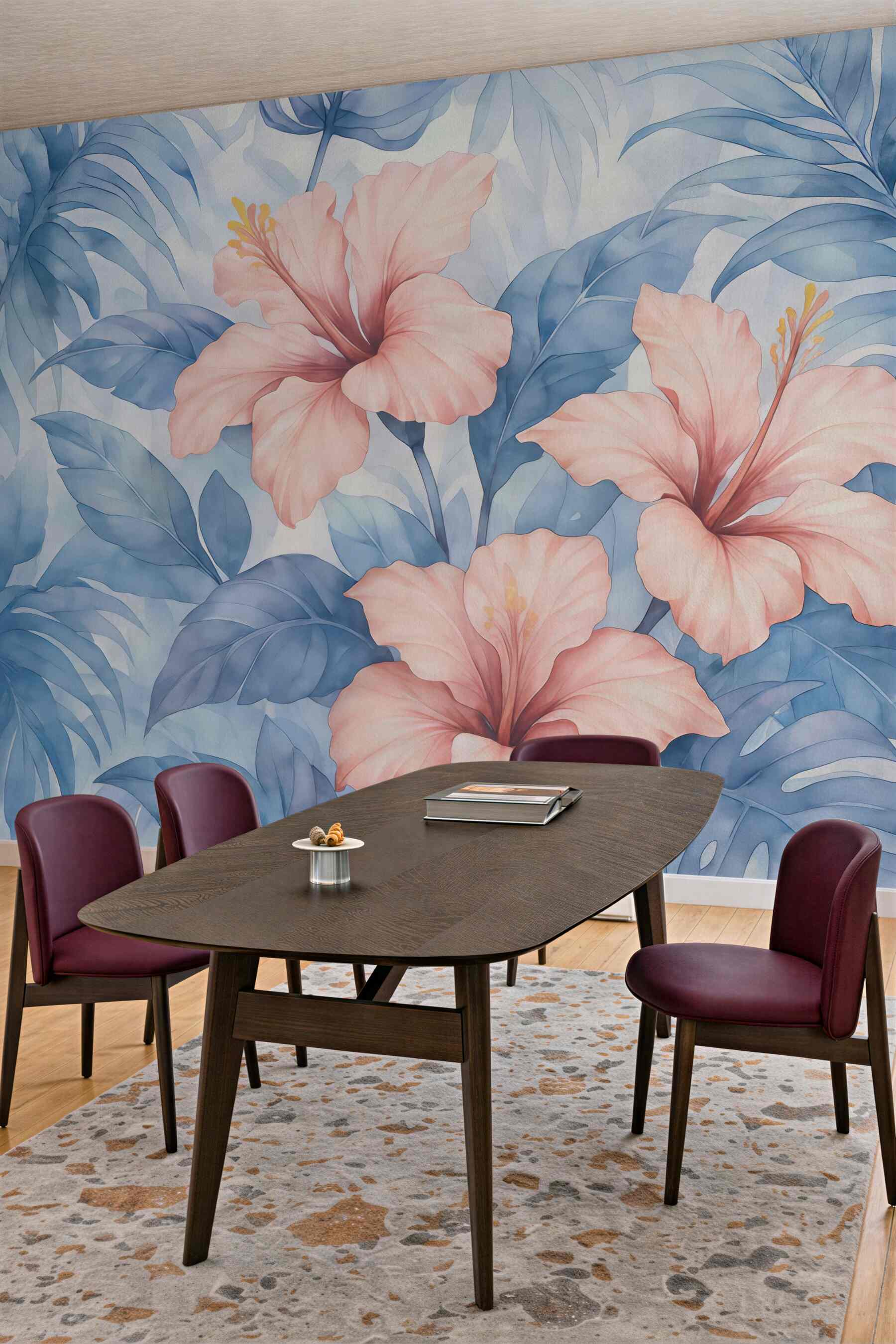 Fototapeta tropikalne hibiskusy w błękitnych liściach