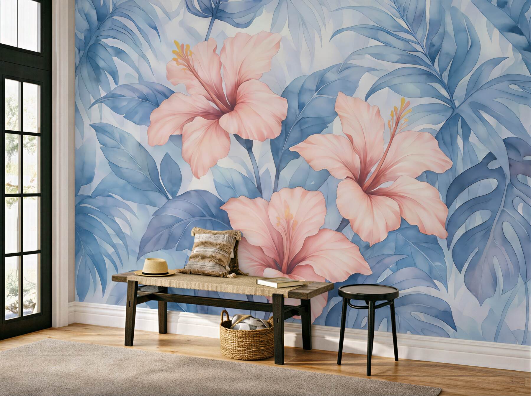 Fototapeta tropikalne hibiskusy w błękitnych liściach