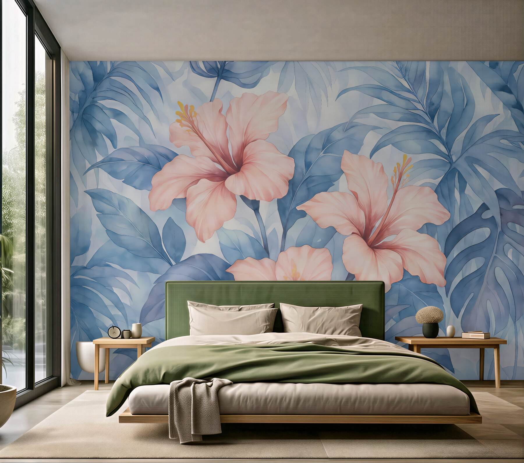Fototapeta tropikalne hibiskusy w błękitnych liściach