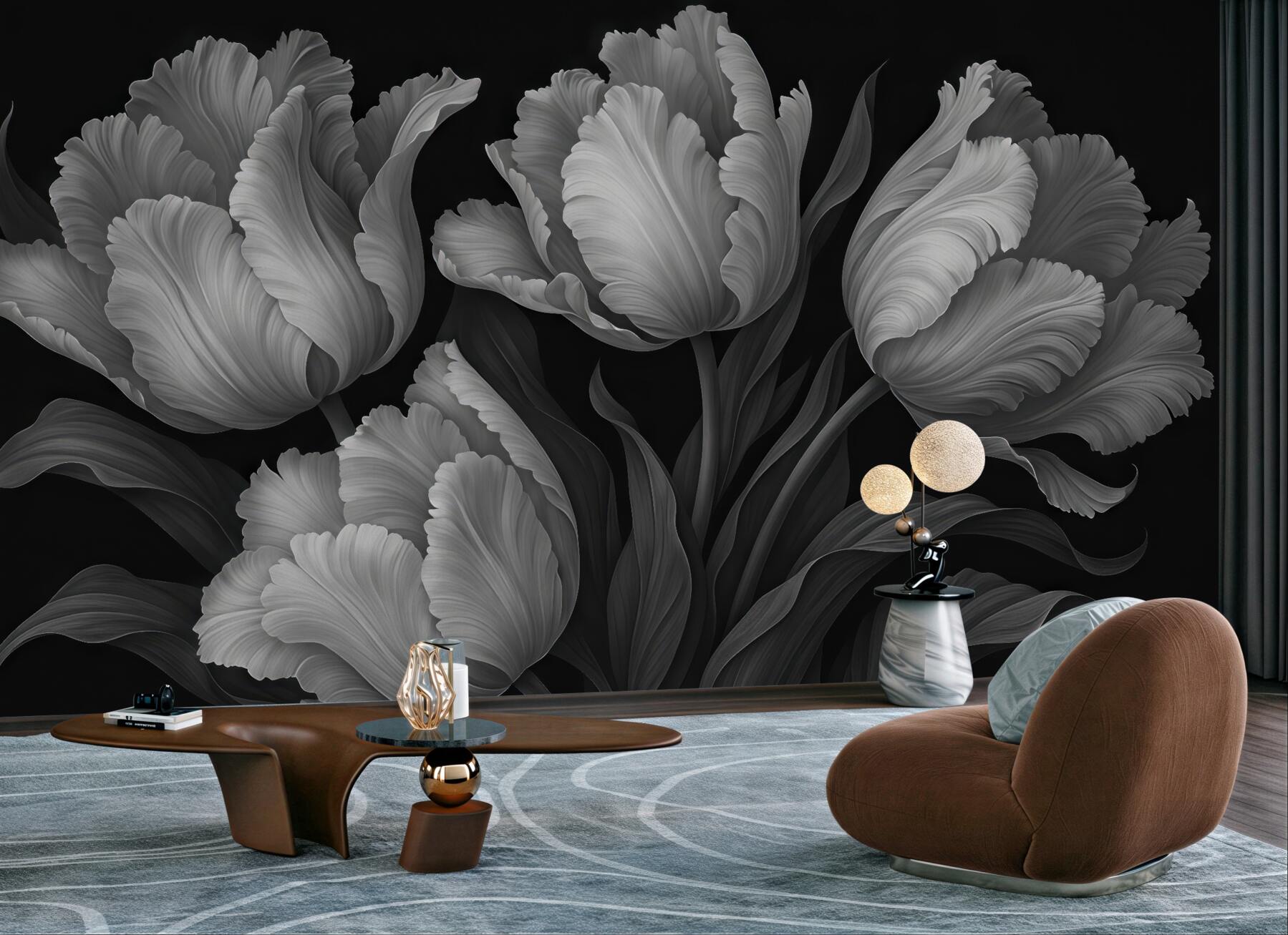 Fototapeta srebrzyste tulipany w eleganckim mroku