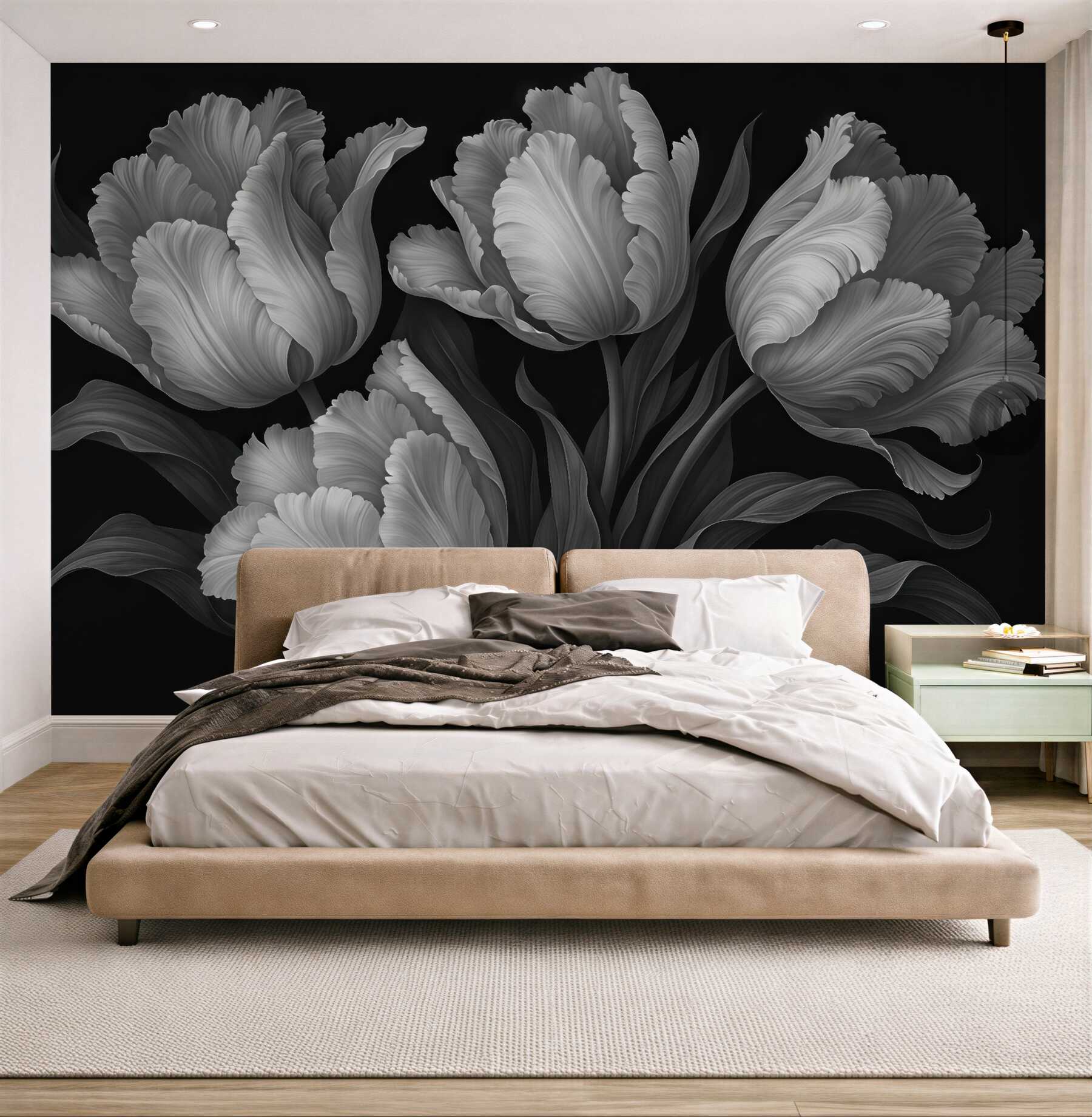 Fototapeta srebrzyste tulipany w eleganckim mroku