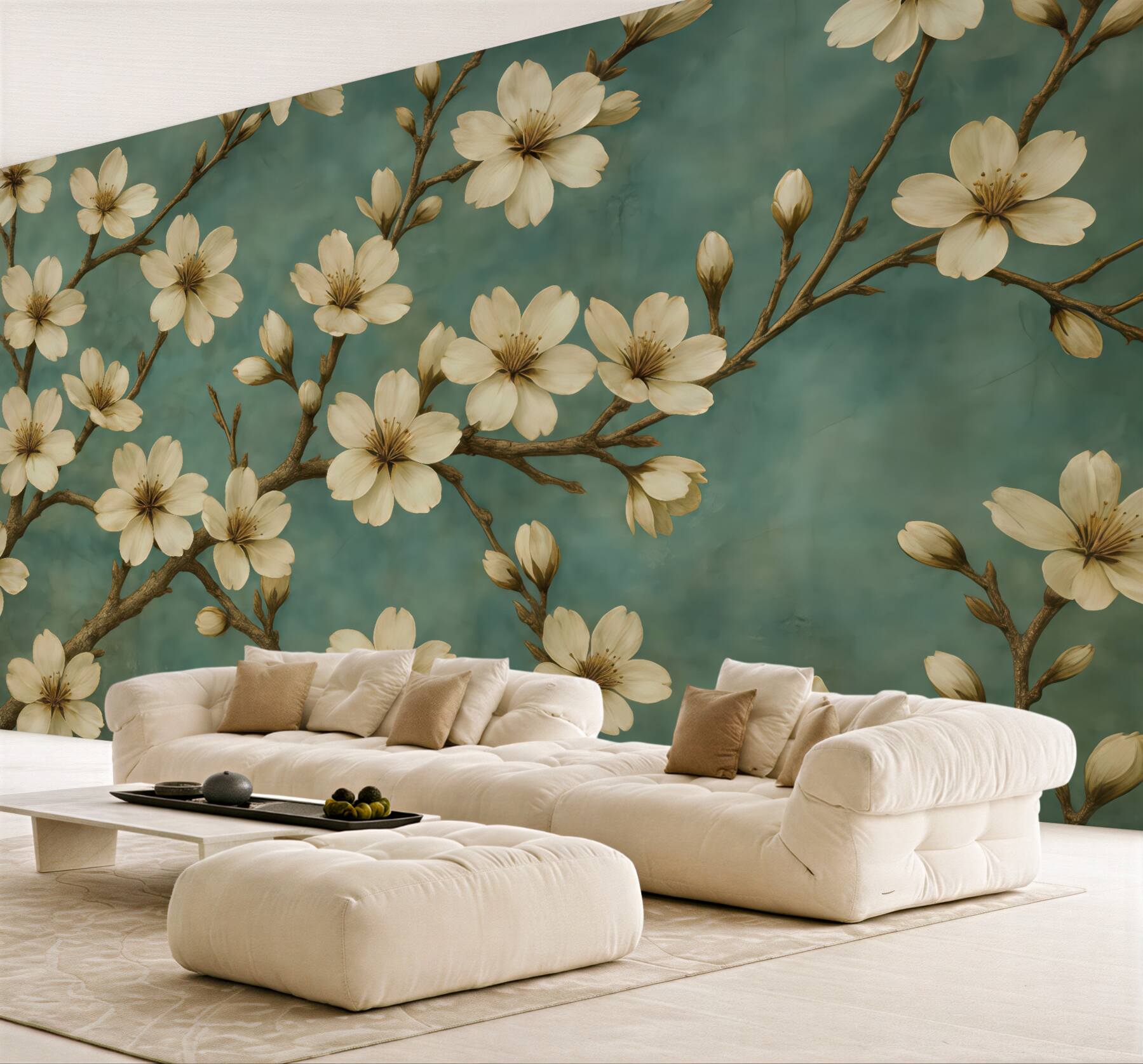 Fototapeta kremowe magnolie na turkusowym tle