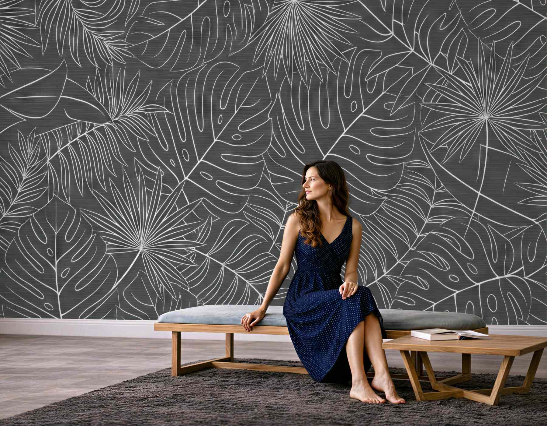 Fototapeta tropikalne liście w grafitowym rysunku