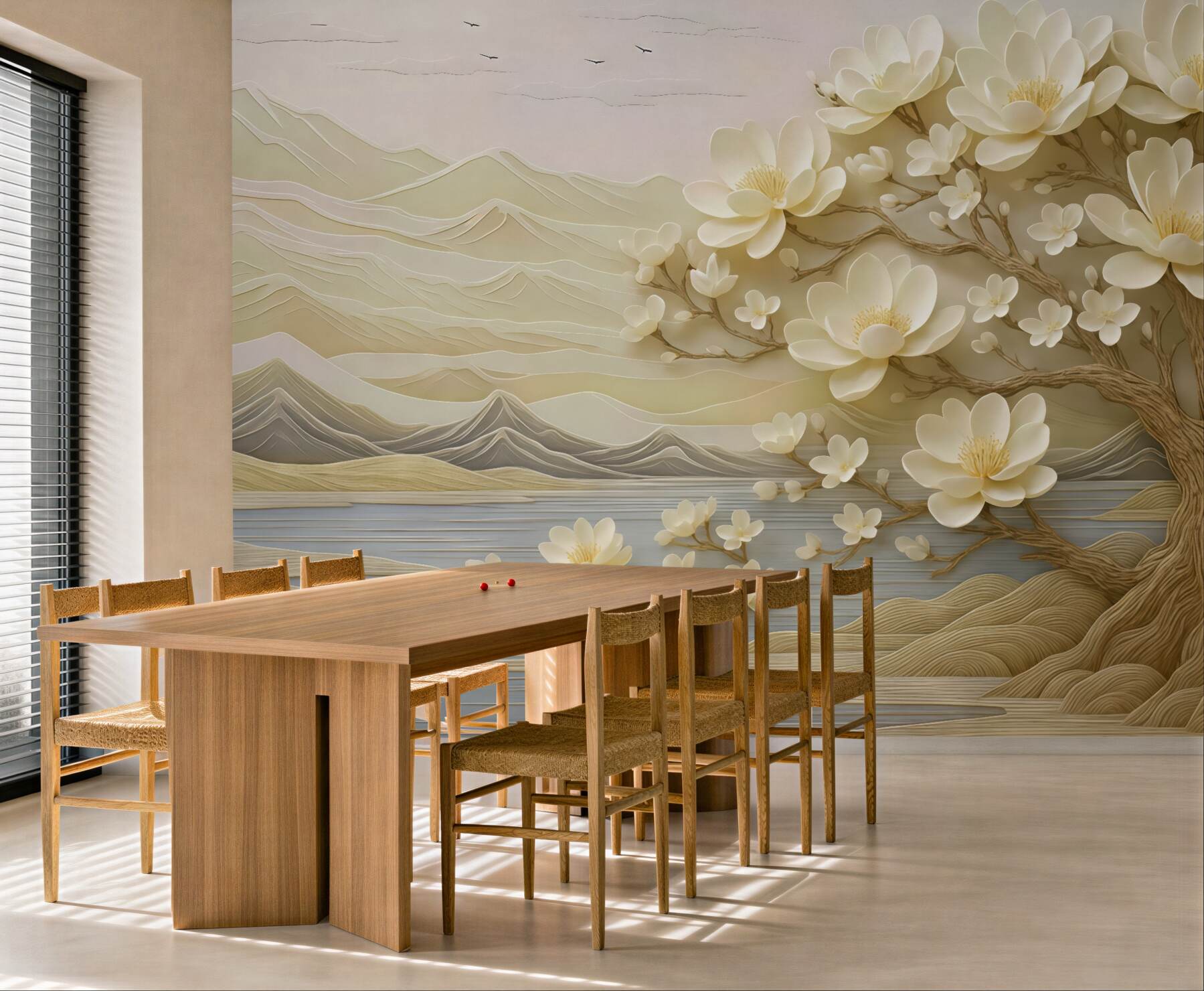 Fototapeta kremowa magnolia nad spokojnym jeziorem