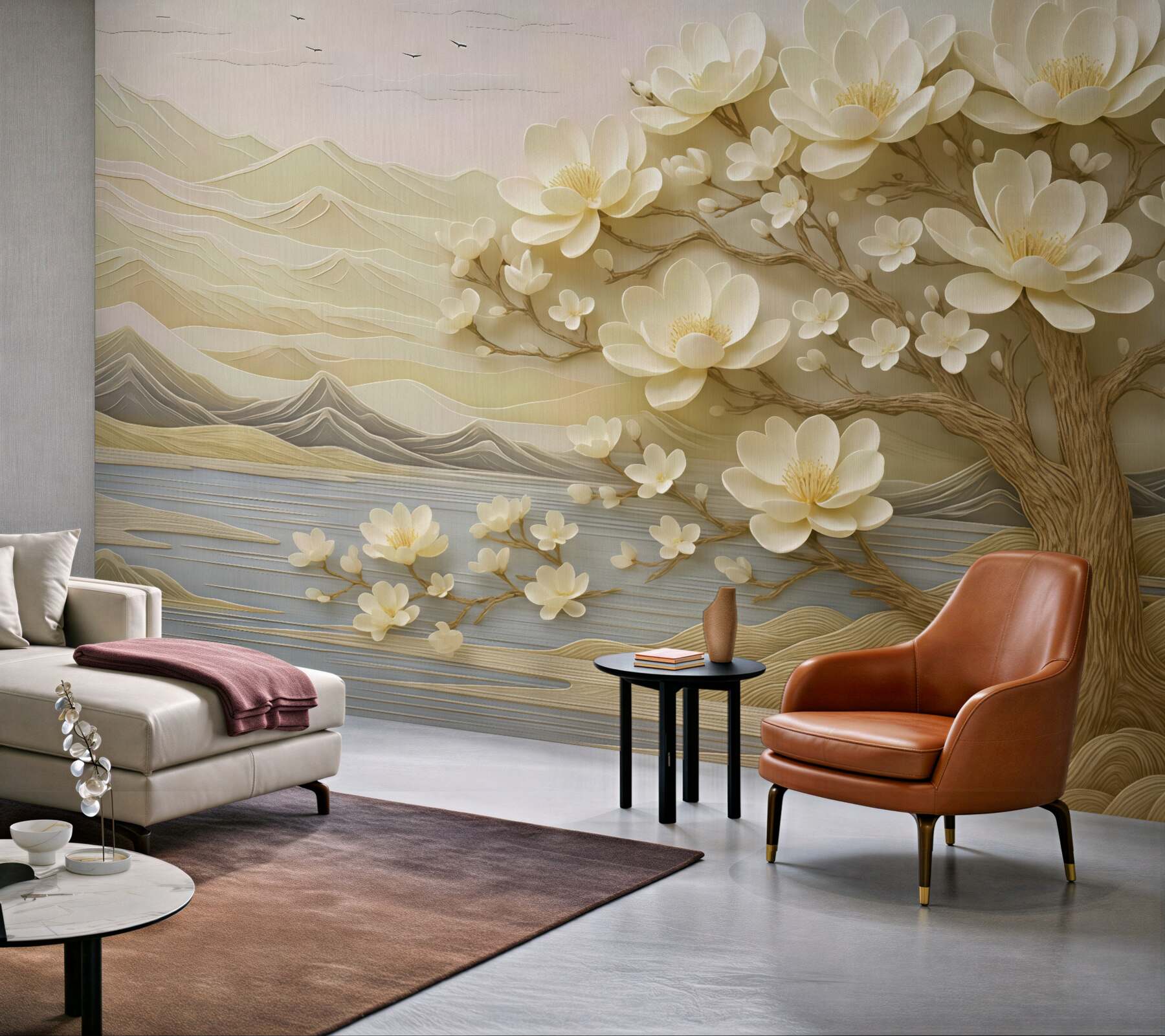 Fototapeta kremowa magnolia nad spokojnym jeziorem