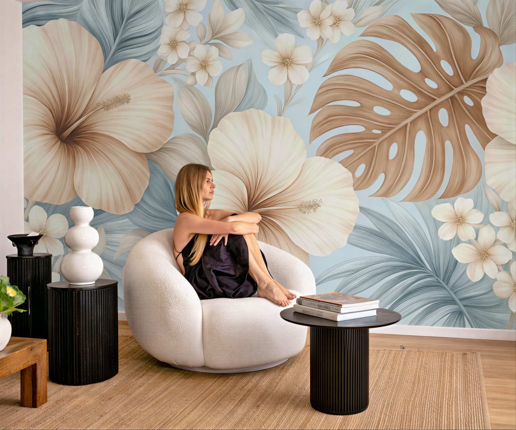 Fototapeta tropikalne hibiskusy w błękitnym ogrodzie