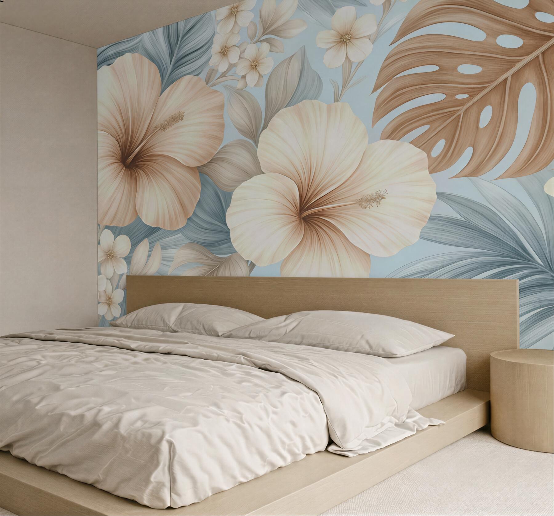 Fototapeta tropikalne hibiskusy w błękitnym ogrodzie