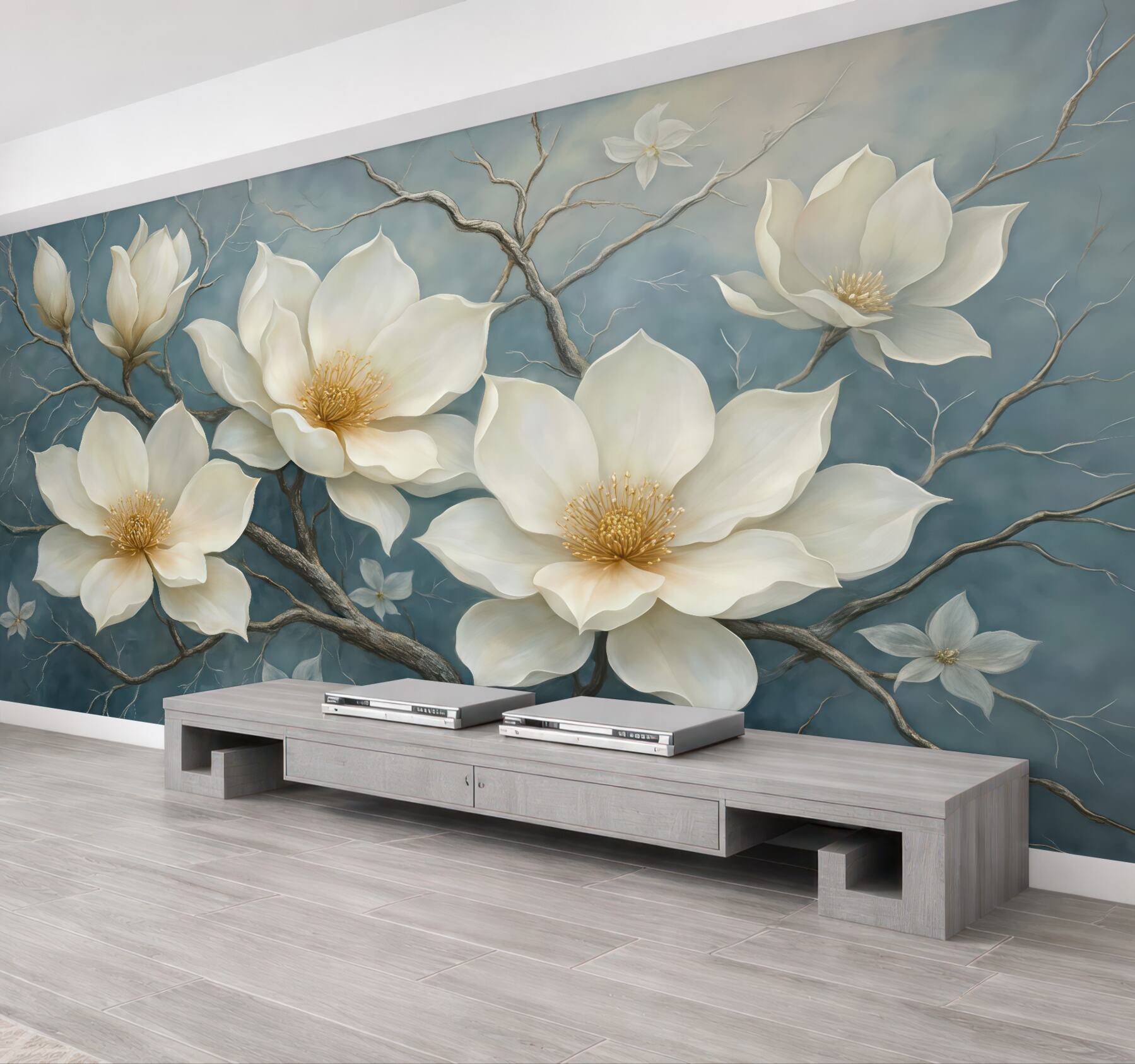 Fototapeta kremowe magnolie na błękitnych gałęziach