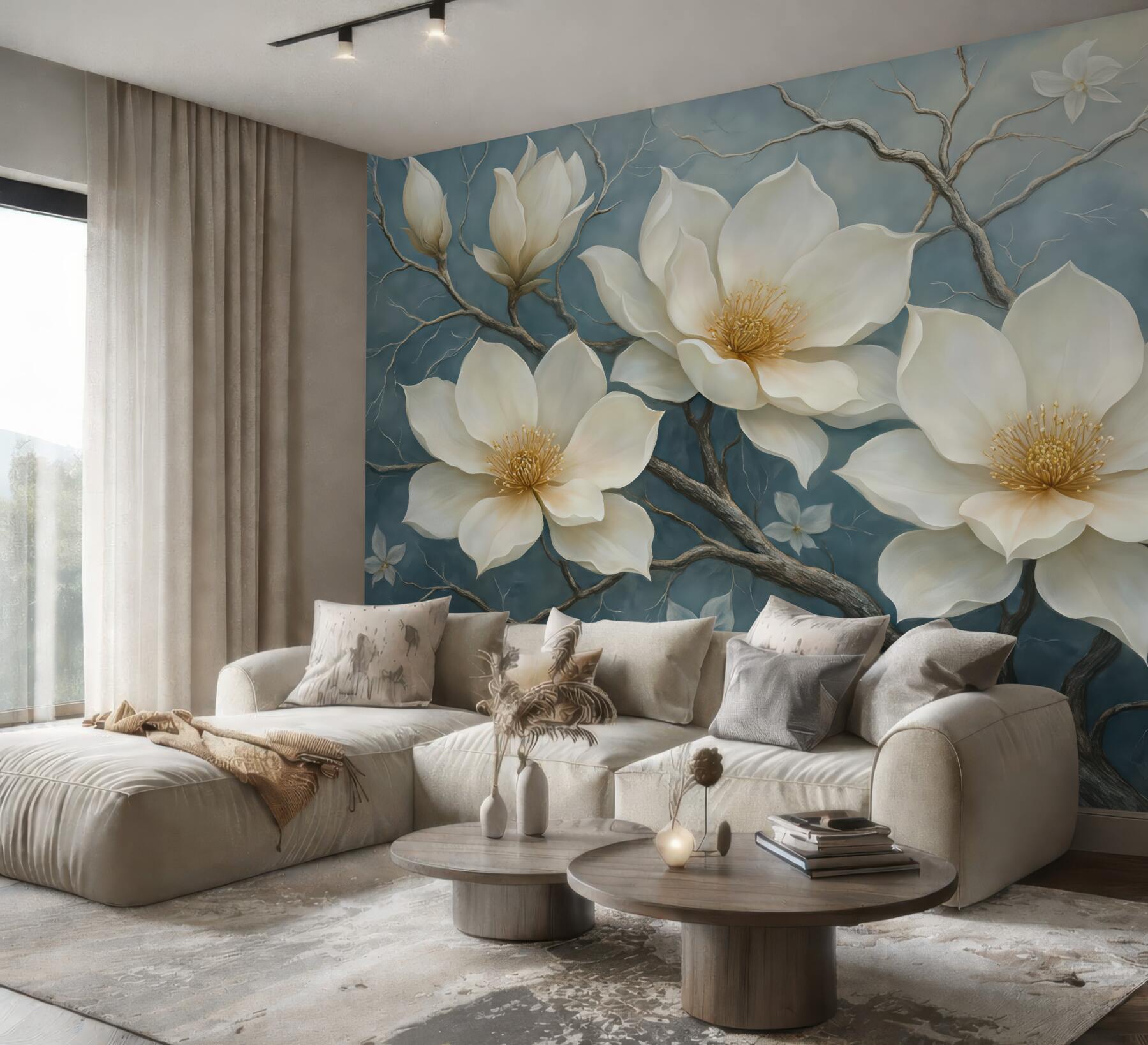 Fototapeta kremowe magnolie na błękitnych gałęziach