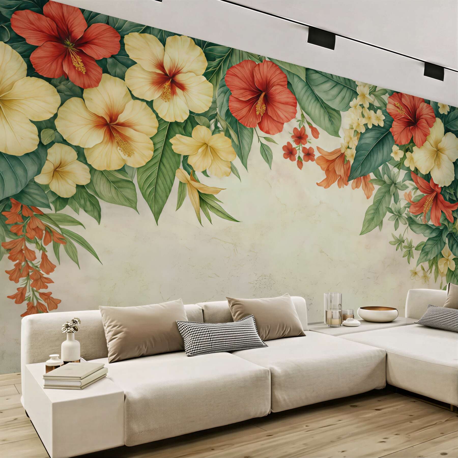 Fototapeta tropikalne hibiskusy w ciepłych barwach