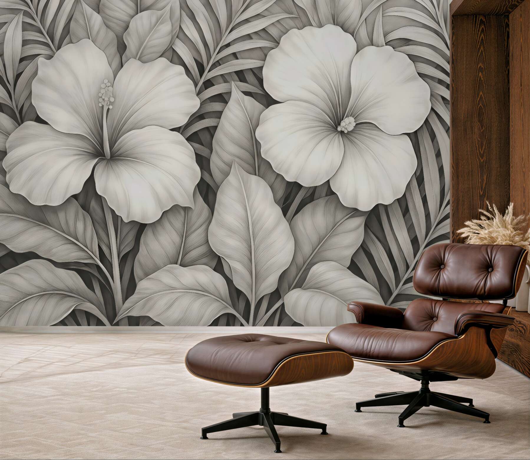 Fototapeta kremowe hibiskusy w tropikalnych liściach