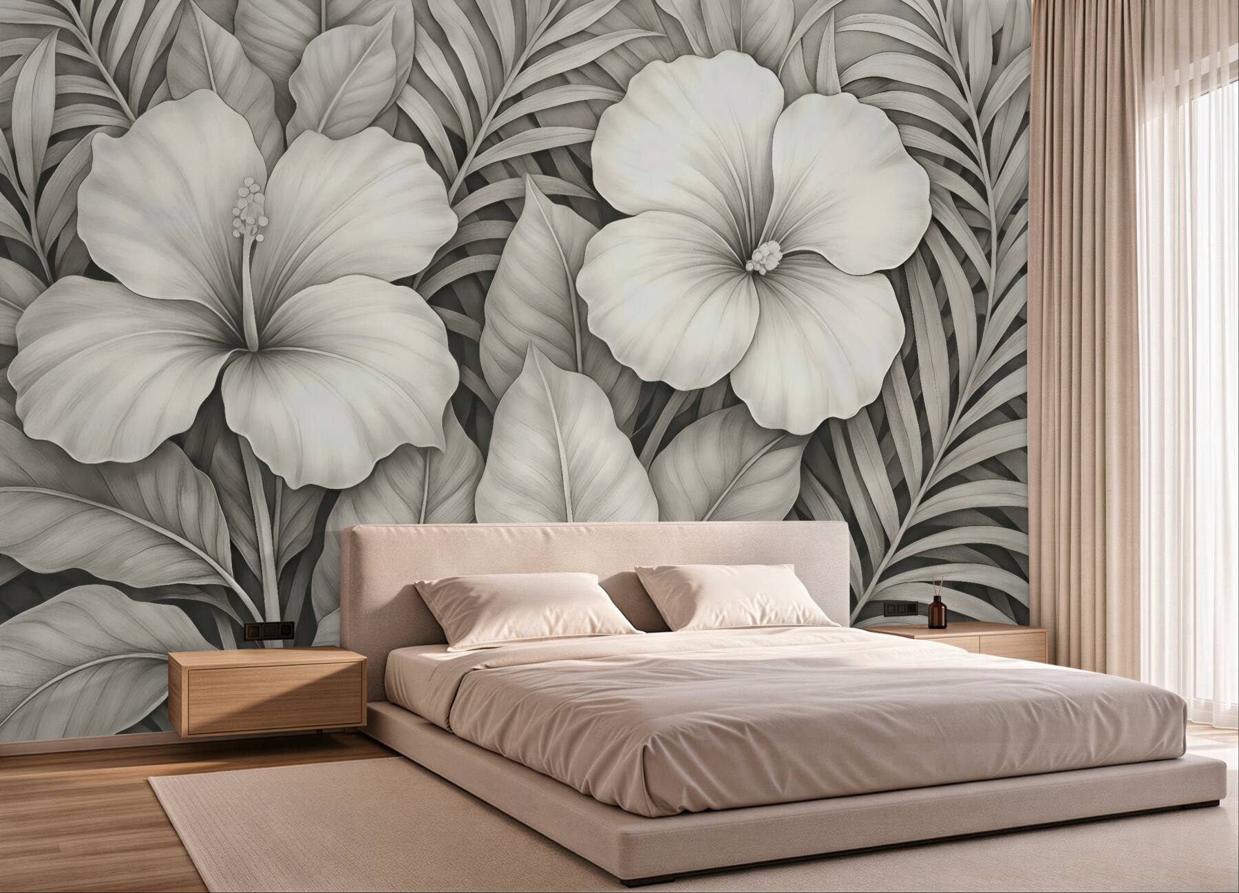 Fototapeta kremowe hibiskusy w tropikalnych liściach