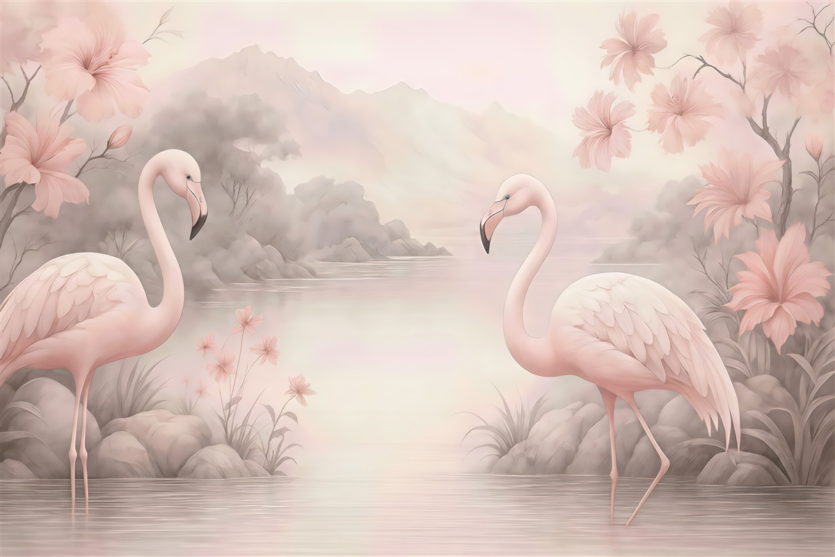 Fototapeta pastelowe flamingi nad spokojnym jeziorem