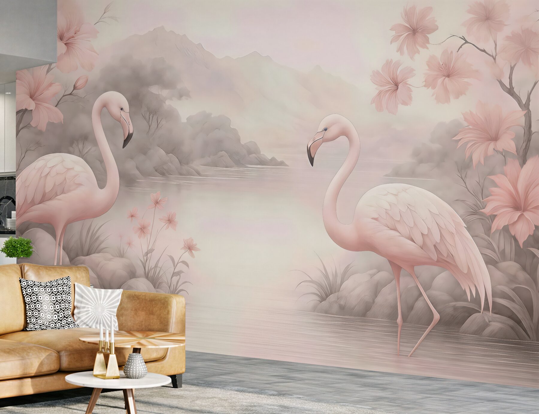 Fototapeta pastelowe flamingi nad spokojnym jeziorem