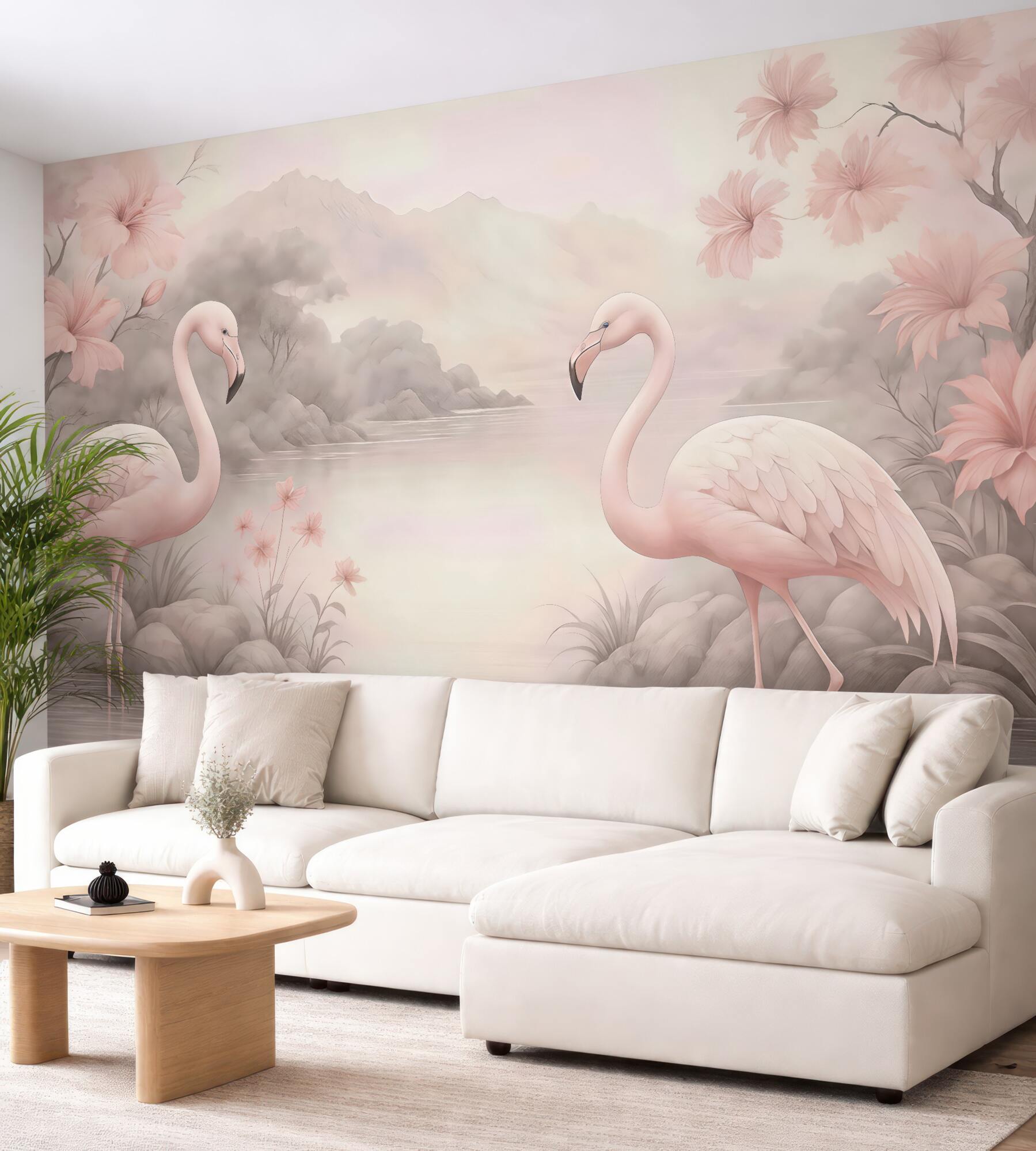 Fototapeta pastelowe flamingi nad spokojnym jeziorem