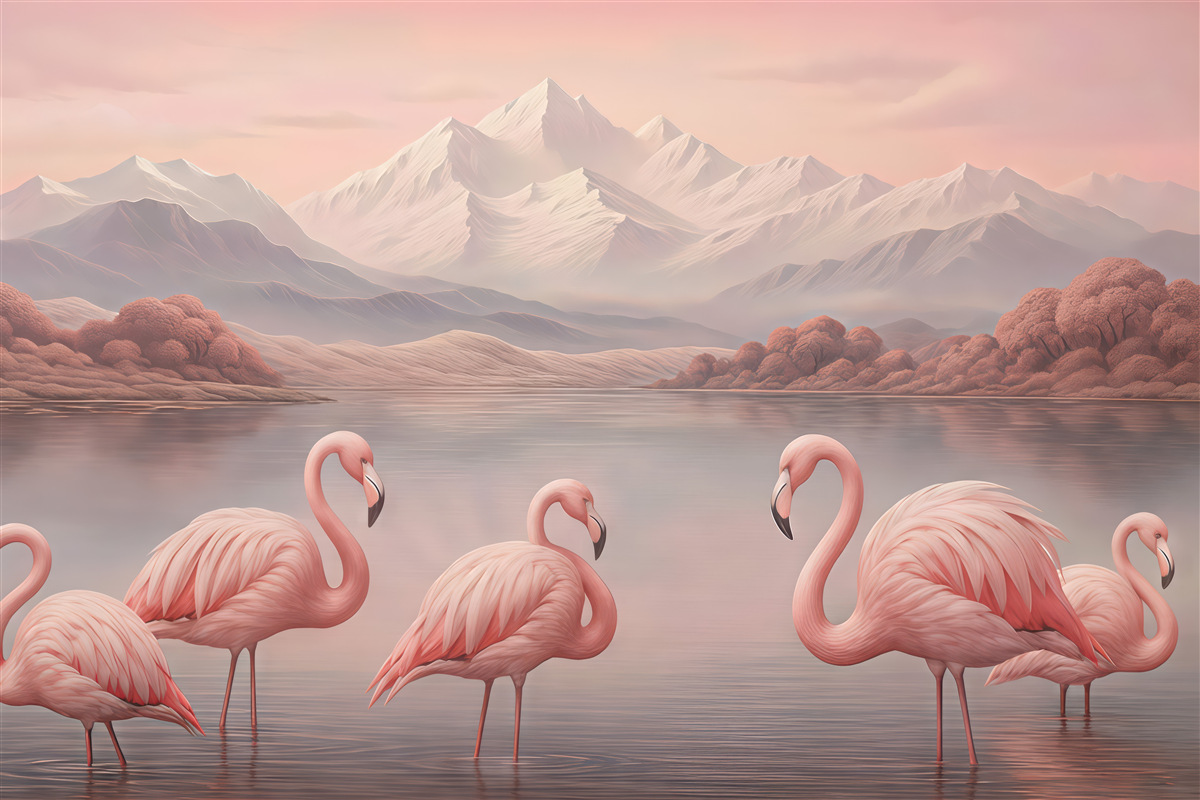 Fototapeta różowe flamingi nad spokojnym jeziorem