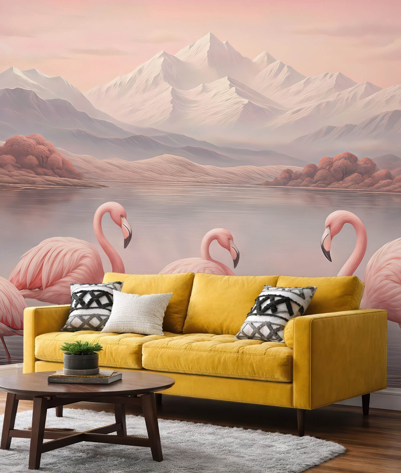 Fototapeta różowe flamingi nad spokojnym jeziorem