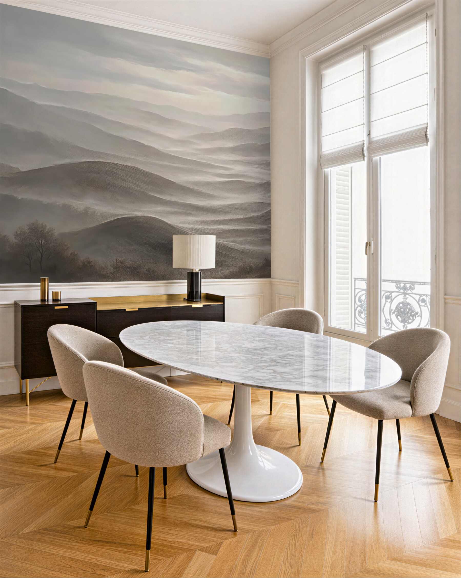 Fototapeta mglista panorama gór o świcie
