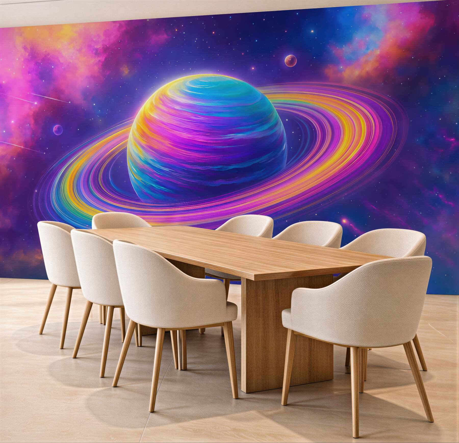 Fototapeta tęczowa planeta w kosmicznej mgle