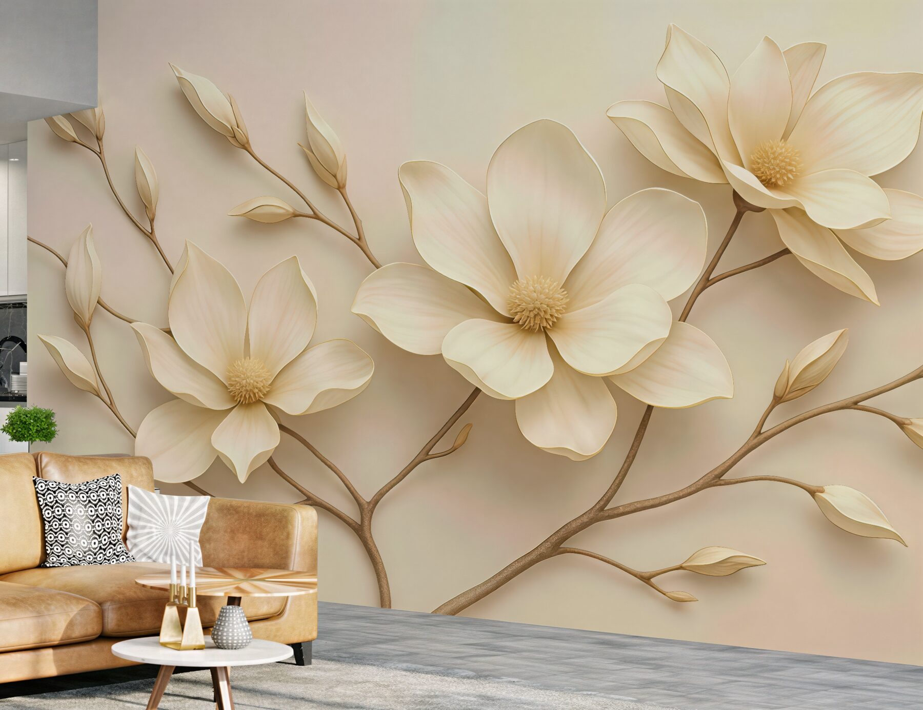 Fototapeta kremowe magnolie na delikatnych gałązkach