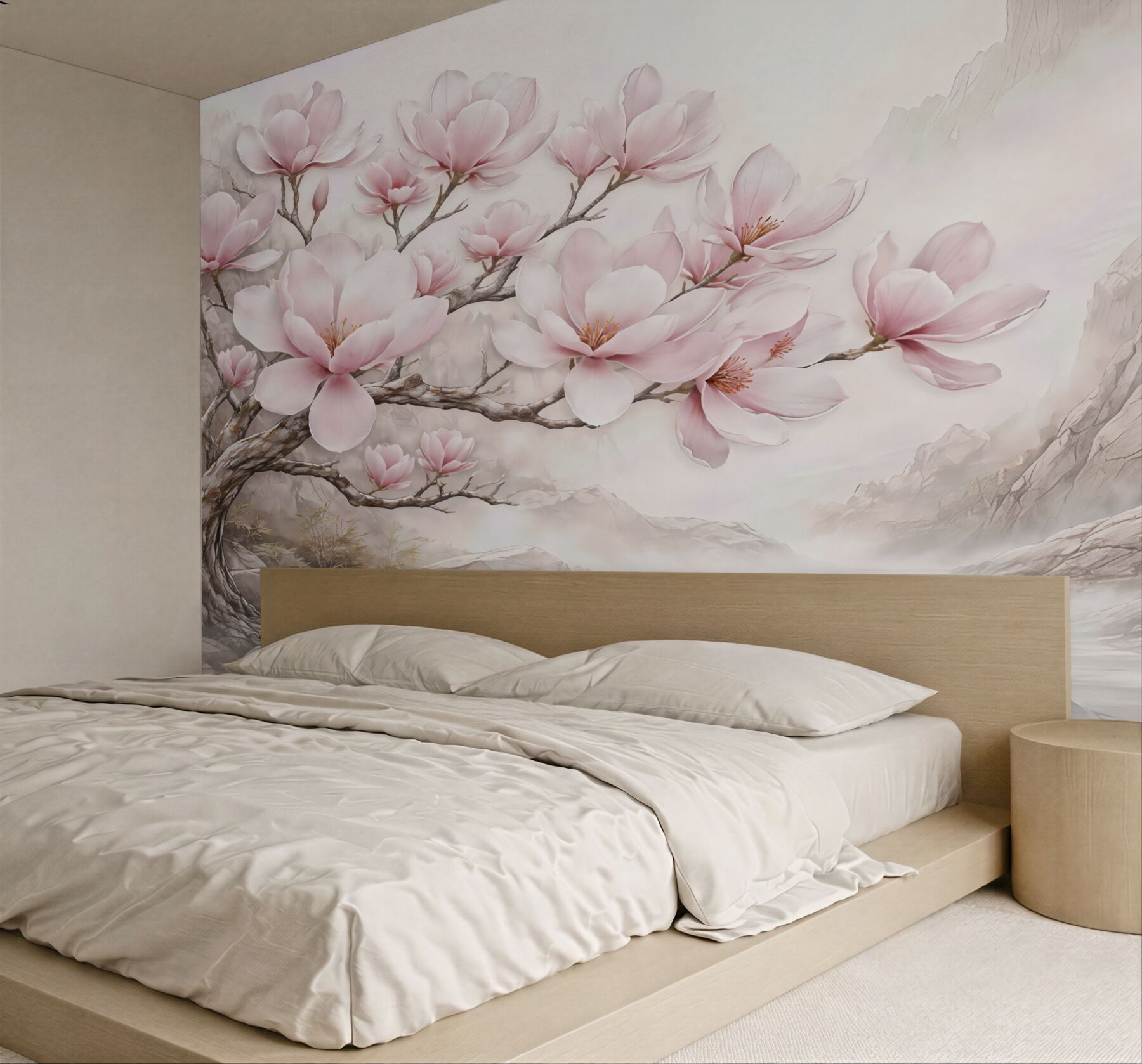 Fototapeta różowe magnolie w mglistych górach