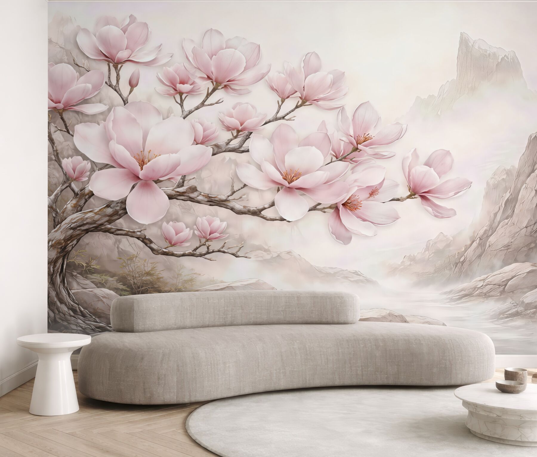 Fototapeta różowe magnolie w mglistych górach