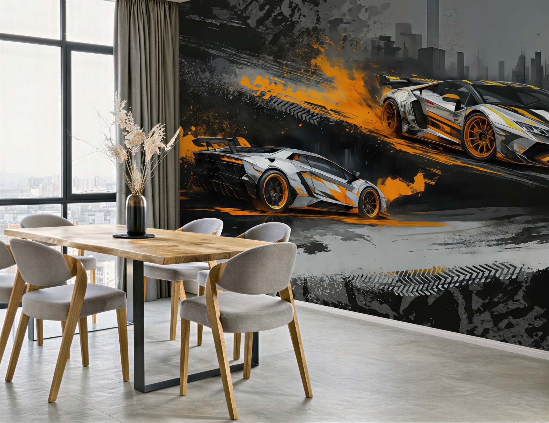 Fototapeta dynamiczne supersamochody w miejskim pędzie