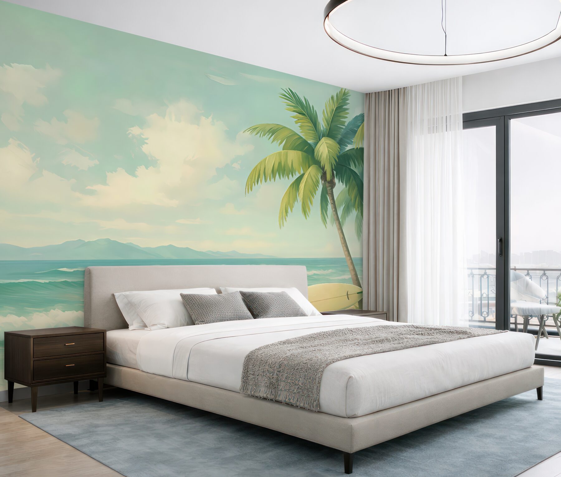 Fototapeta tropikalna plaża z palmami i deską