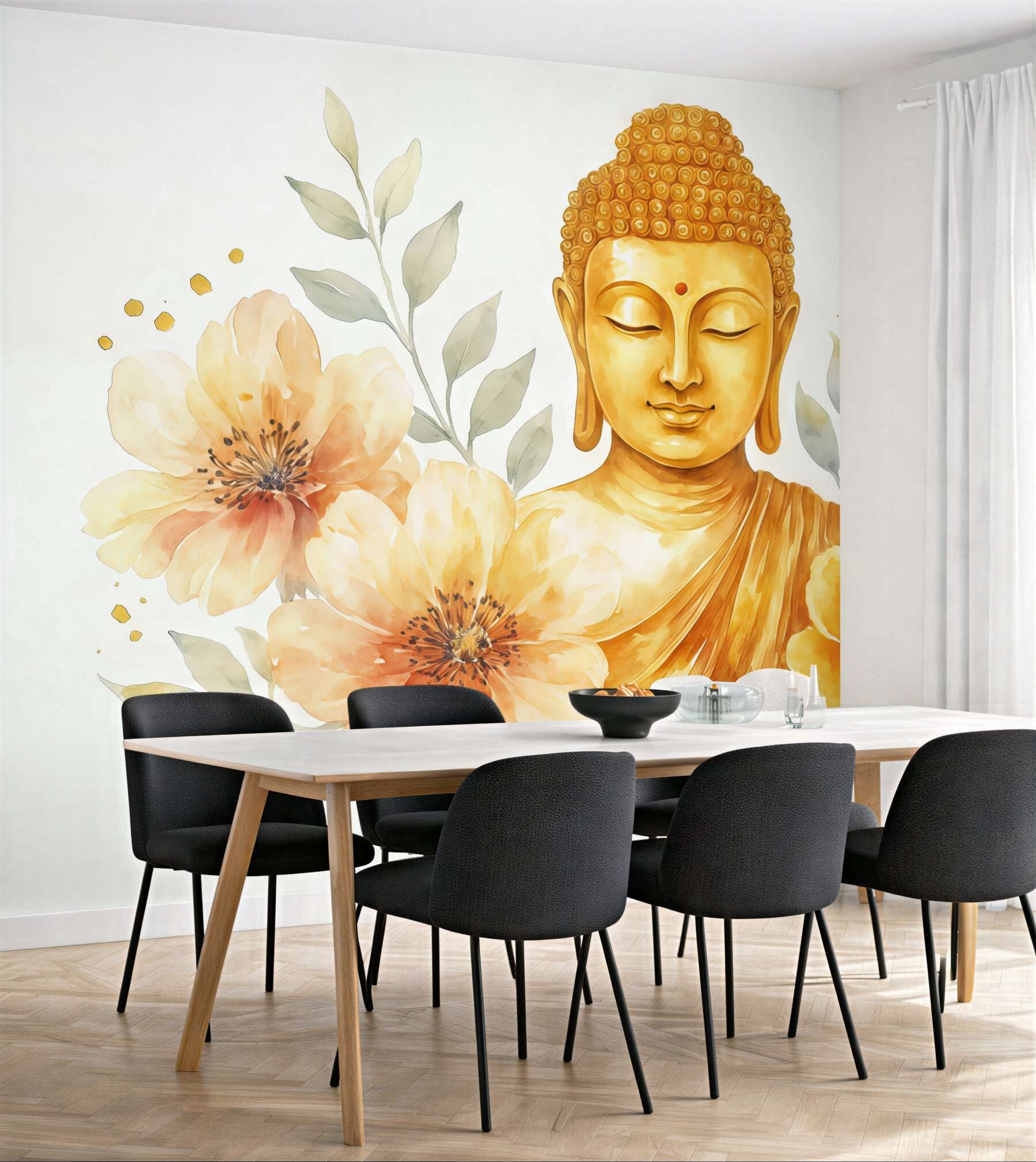 Fototapeta złoty budda wśród akwarelowych kwiatów