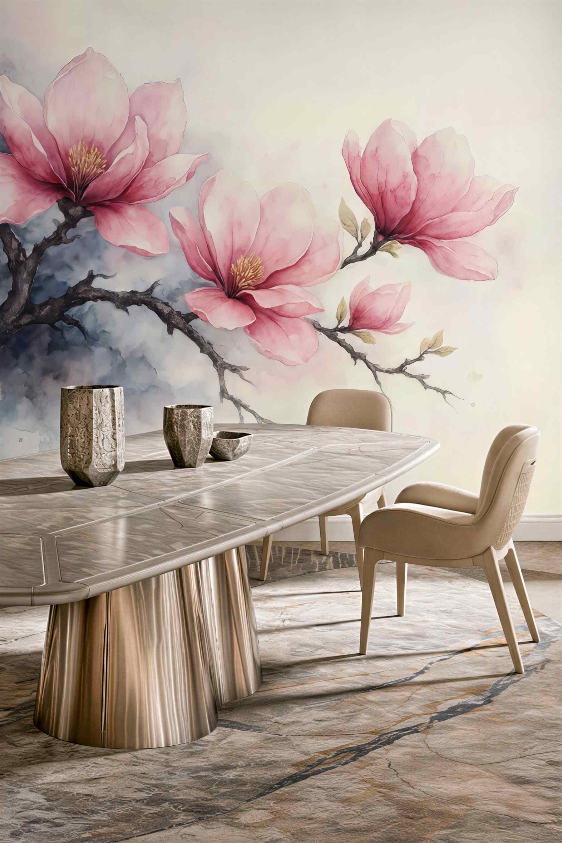 Fototapeta różowe magnolie w akwarelowej mgłce