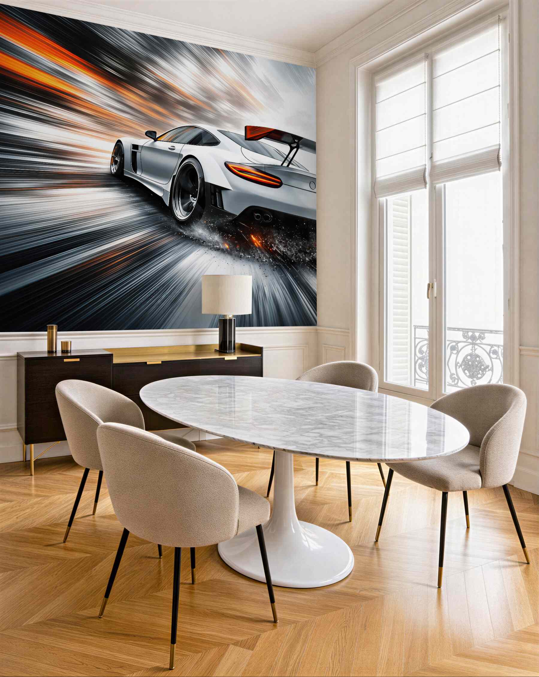 Fototapeta białe auto w pędzie