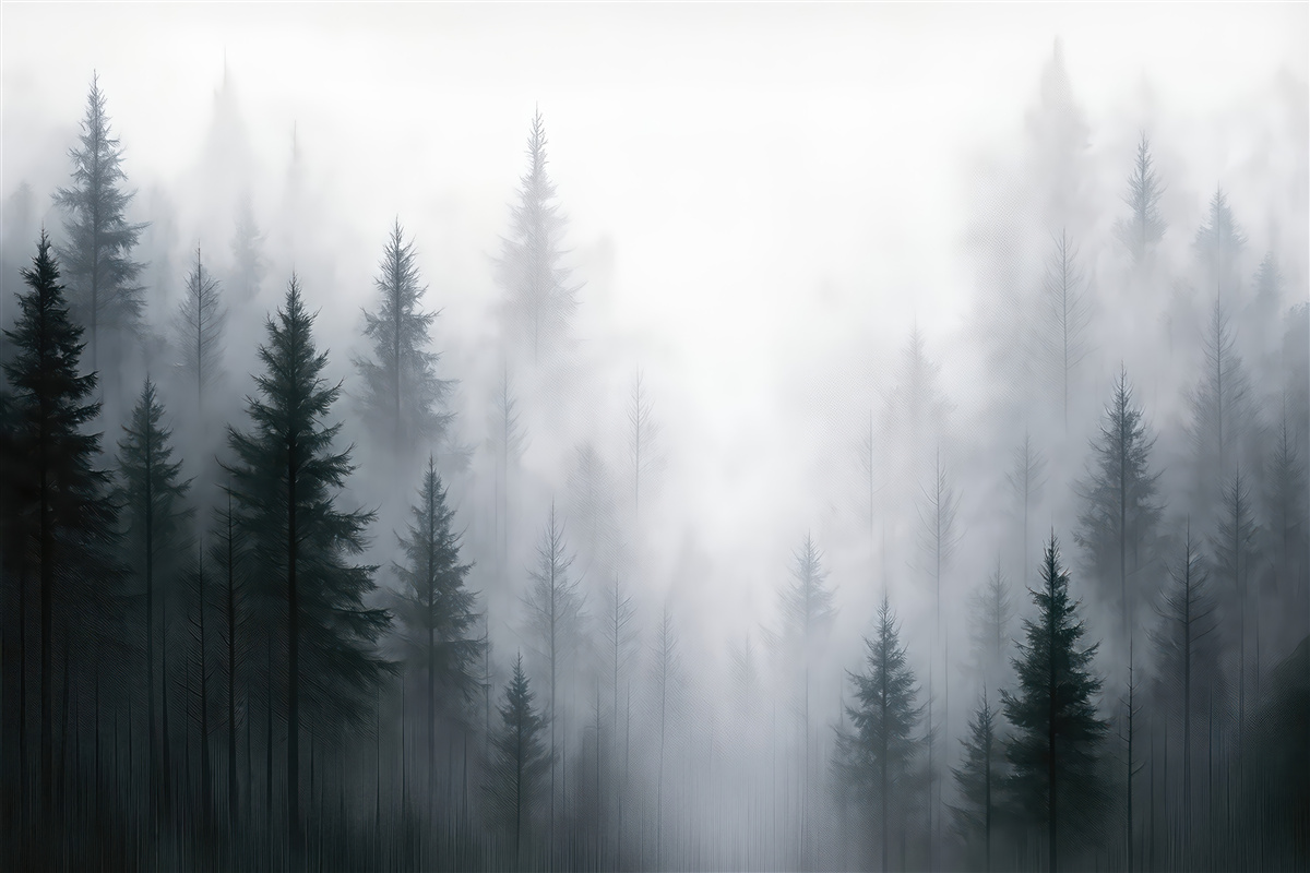 Fototapeta tajemniczy mglisty las świerkowy